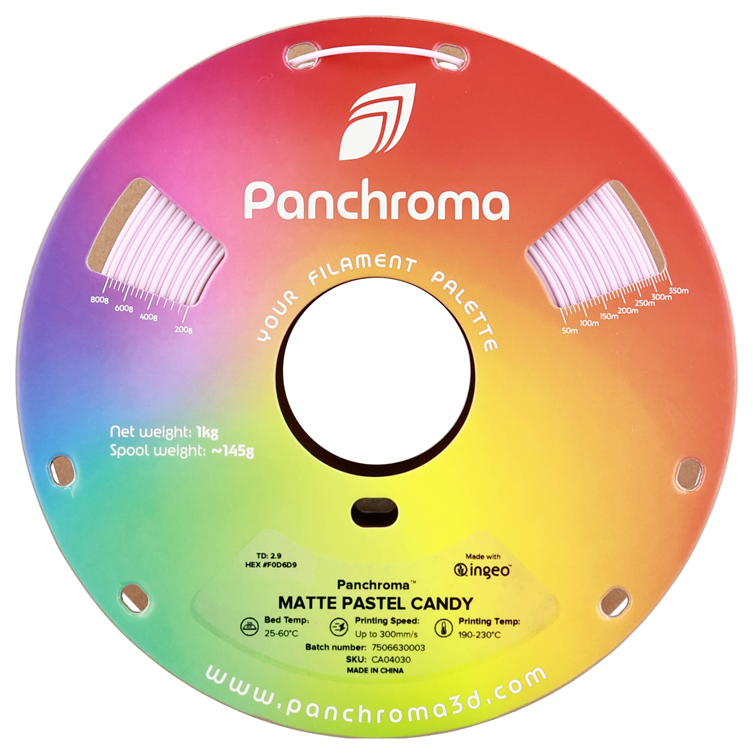 Runde Spule mit Farbverlauf von Rot zu Violett. Text: 'Panchroma', 'Net weight: 1kg', 'MATTE PASTEL CANDY', 'www.panchroma3d.com'.