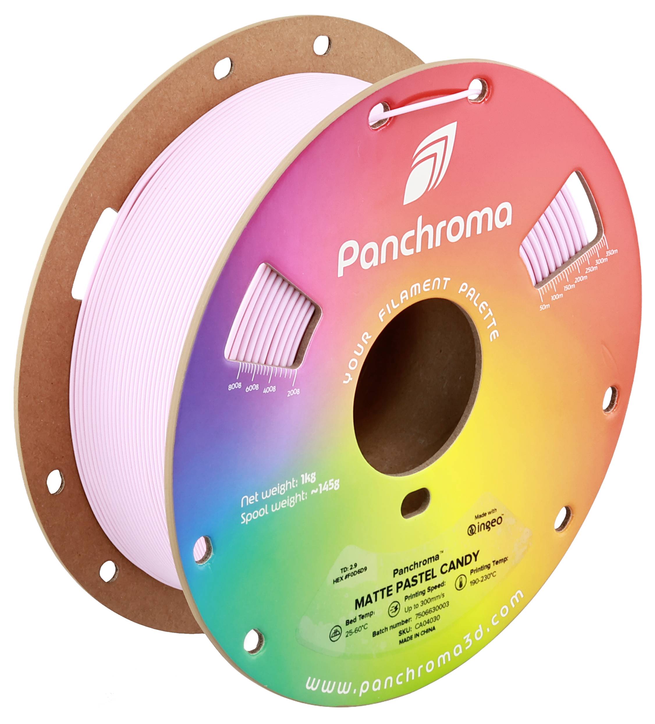 Rolle mit rosa 3D-Drucker-Filament, markiert als 'Panchroma Matte Pastel Candy'. Verpackung zeigt Regenbogenfarbverlauf.