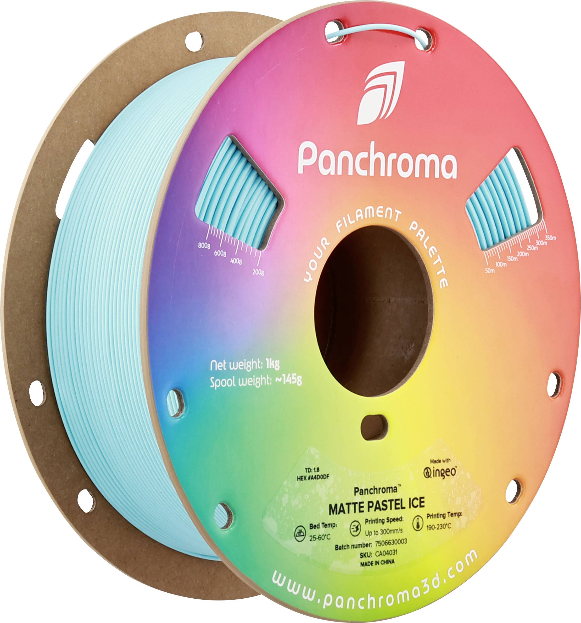 Filamentrolle für 3D-Drucker, blaugrünes Filament auf bunter Spule, Marke 'Panchroma', Gewicht 1 kg, Typ 'Matte Pastel Ice'.