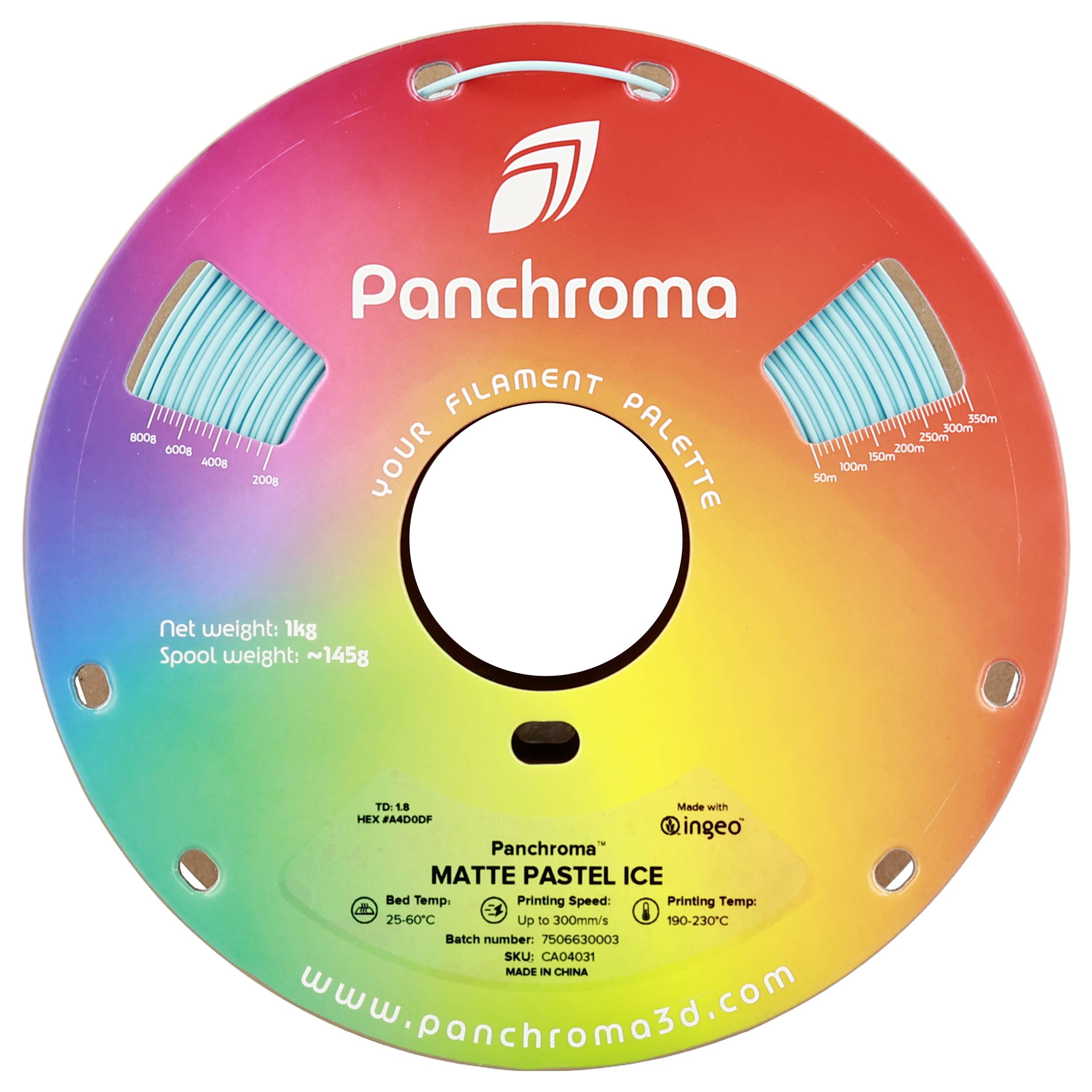 'Panchroma' Filamentrolle, Matte Pastel Ice. Gewicht: 1kg, Spule: 145g. Temperaturbereich: 190-230°C. Herstellerlogo und Webseite enthalten.