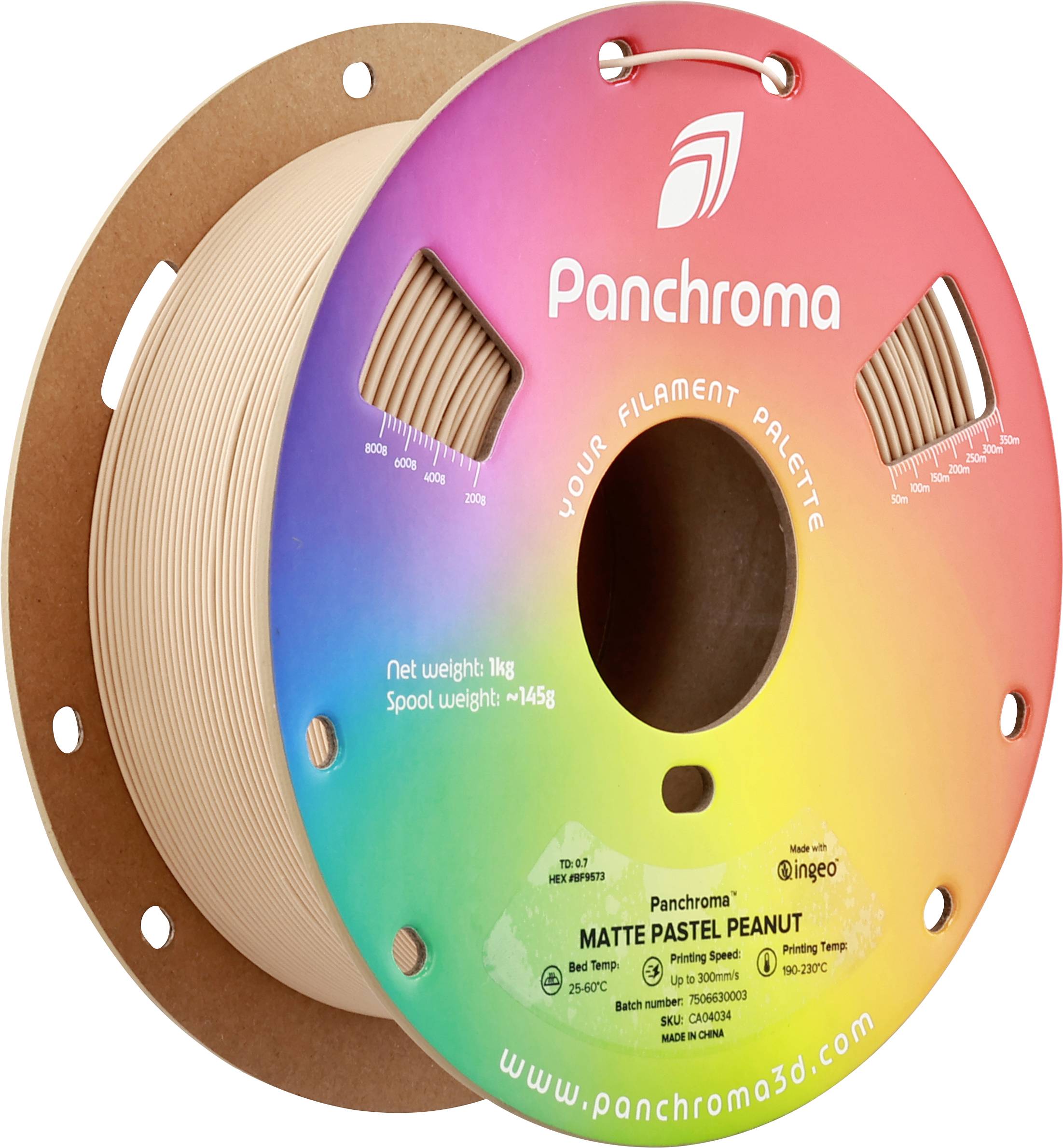'Panchroma Matte Pastel Peanut' Filamentspule, 1 kg, Regenbogenfarben, Filamentdetails auf Spule, Hersteller-Website unten.
