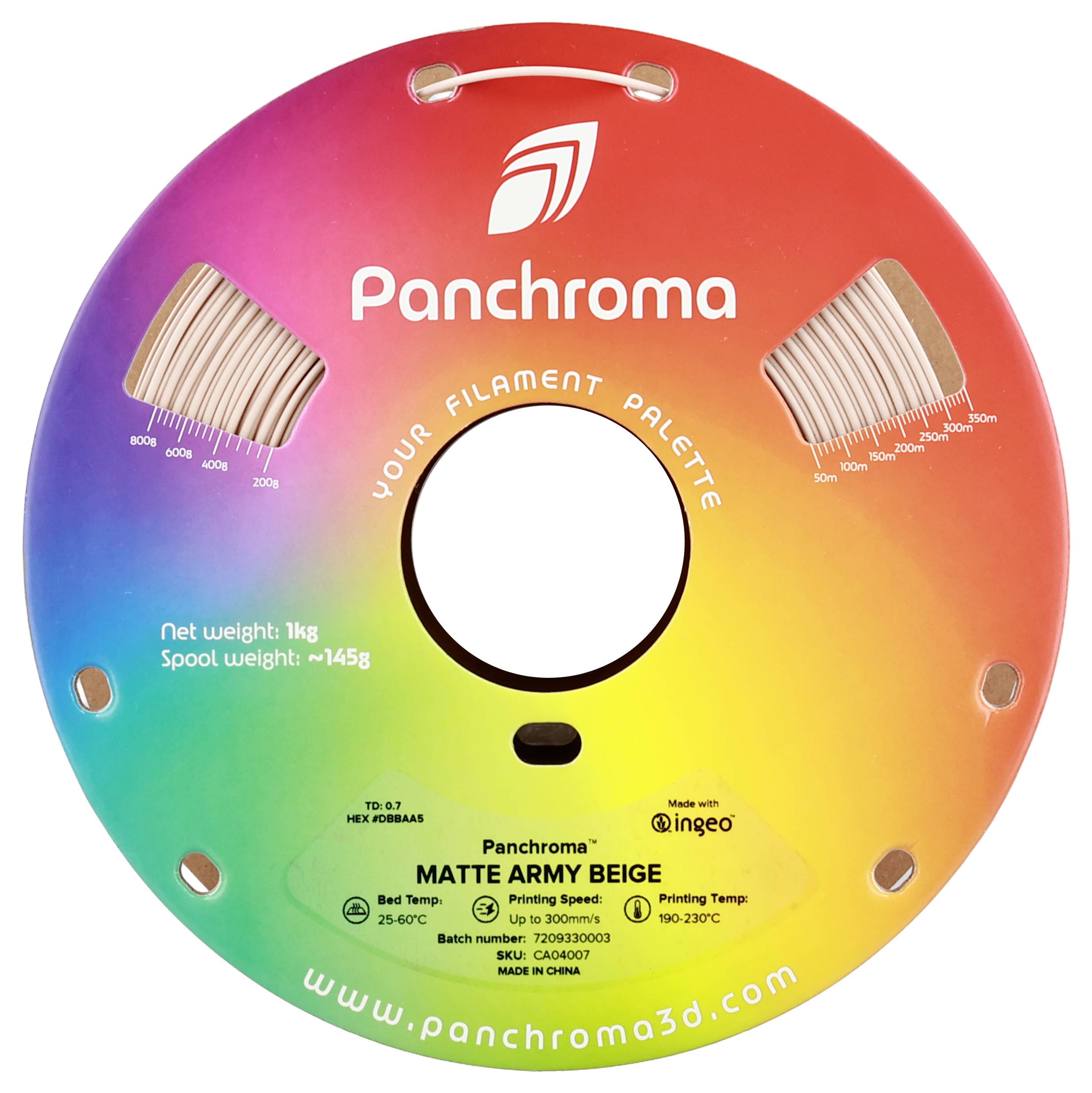 Bunte Filamentspule mit dem Text 'Panchroma: Matte Army Beige', Gewicht 1 kg, Drucktemperatur 190-220°C, Bett 25-60°C, Gewebe Ingeo.