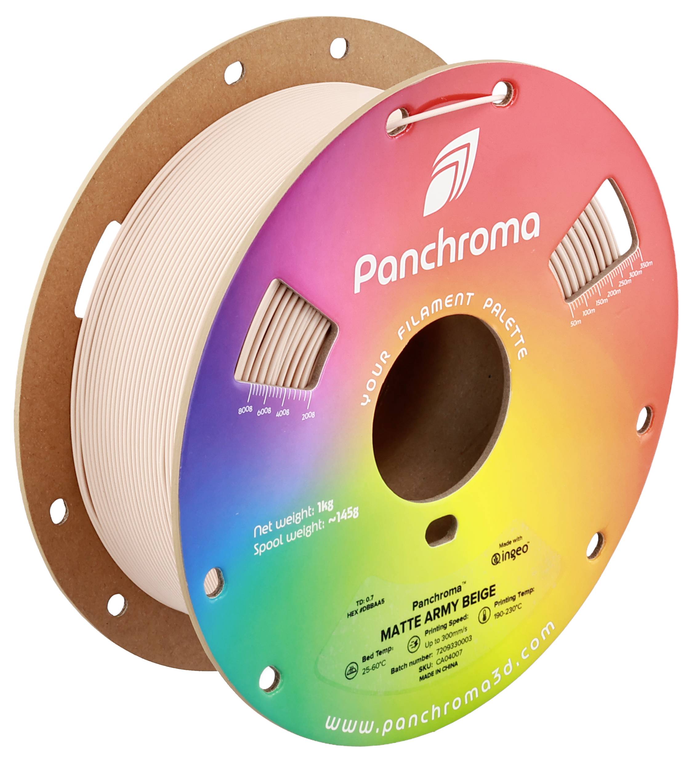 Eine bunte 3D-Druckerfilamentspule der Marke 'Panchroma', Farbe 'Matte Army Beige', Gewicht 1 kg, umgeben von einem Regenbogenverlauf.
