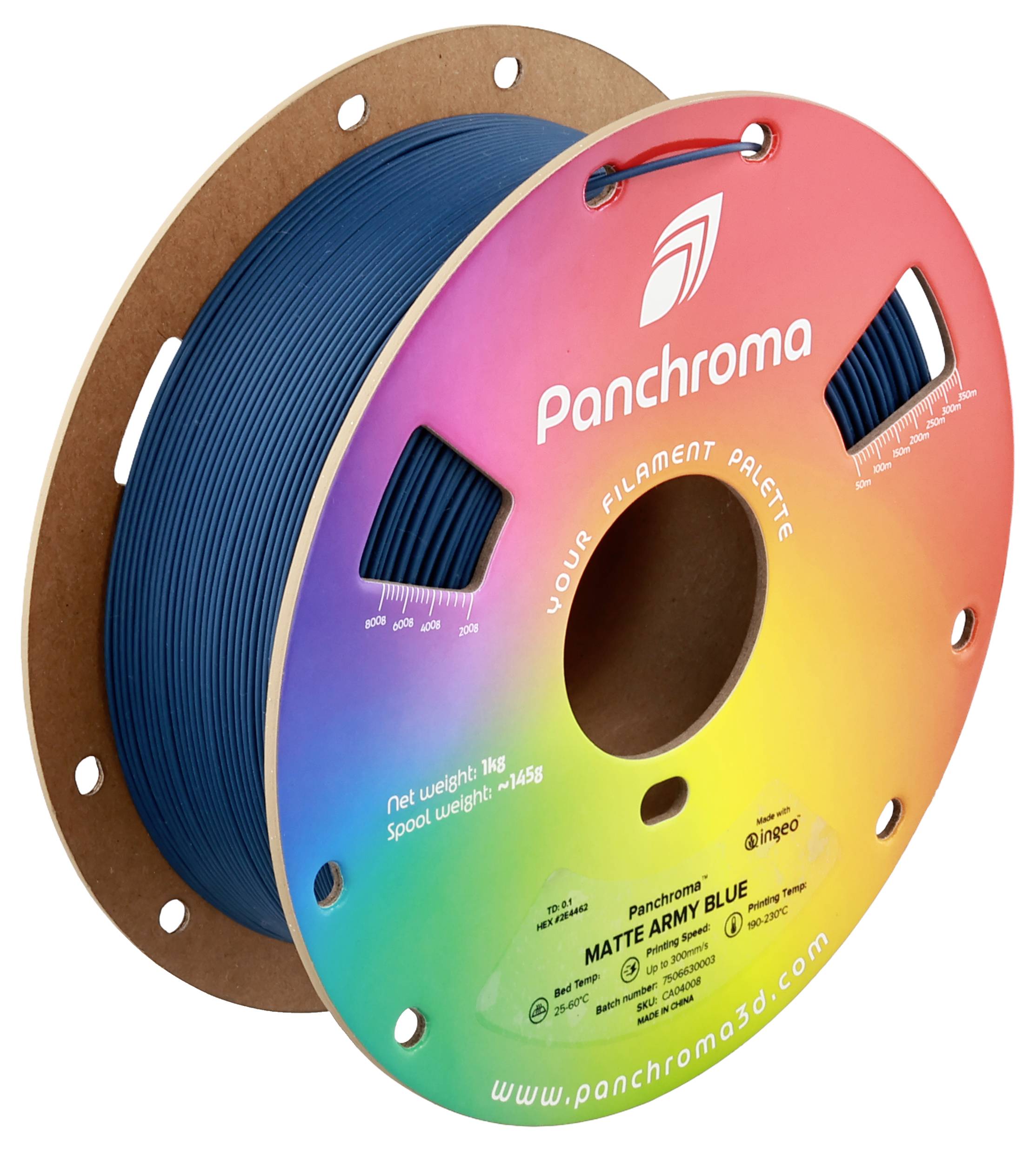 Ein Spulenkarton mit blauem 3D-Druckfilament. Aufdruck 'Matte Army Blue', Gewicht: 1,45 kg. Markenname und Website sind sichtbar.