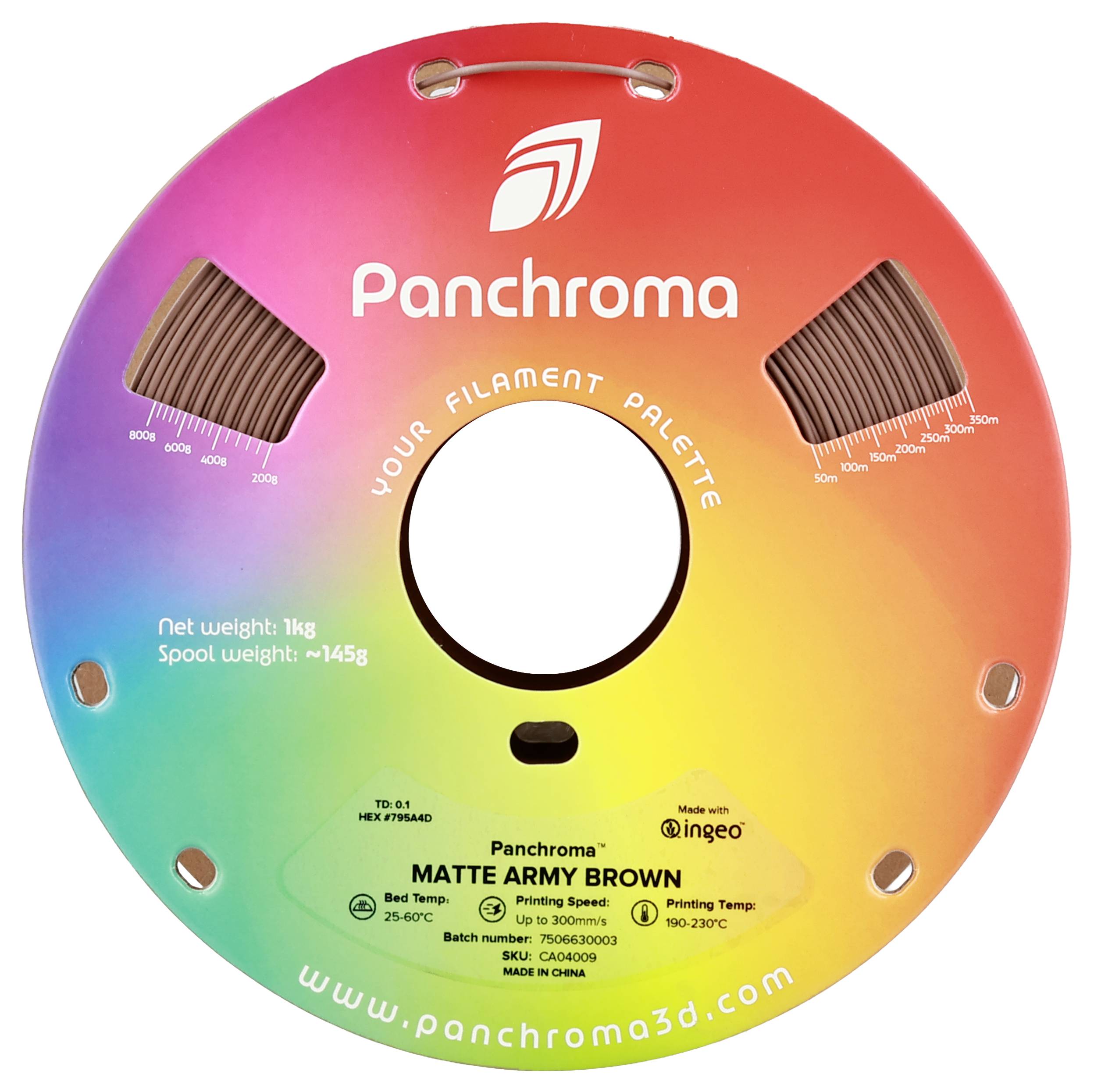 Spule mit 3D-Druckfilament 'Matte Army Brown', 1kg Nettogewicht. Hersteller: Panchroma. Zu druckende Temperatur: 190-230°C.