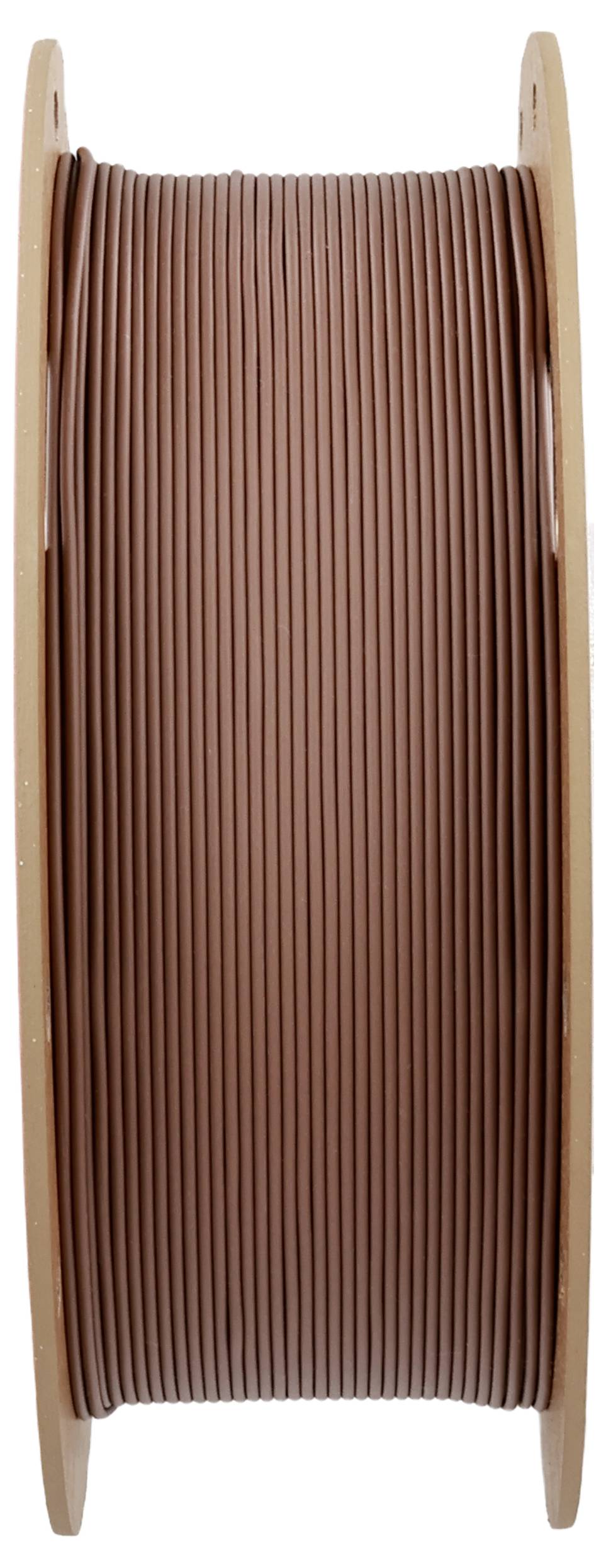 Eine Spule mit braunem Draht, aufgerollt zwischen zwei runden Scheiben.