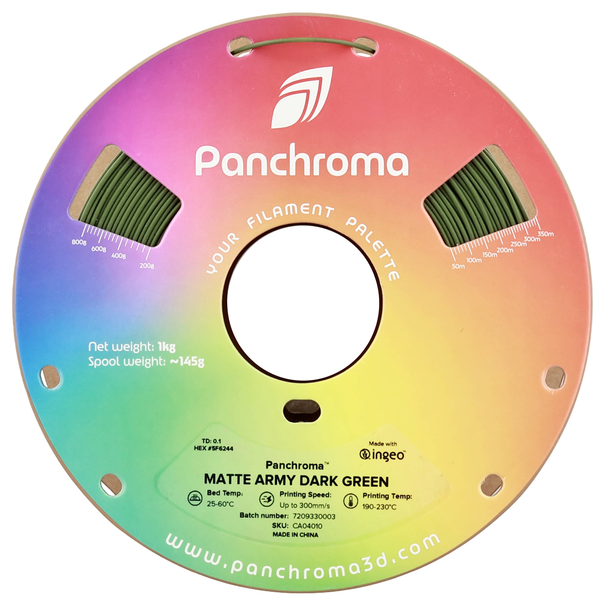 Die Abbildung zeigt eine Filamentrolle von 'Panchroma' in regenbogenfarben. Das Filament ist 'Matte Army Dark Green', 1 kg schwer.