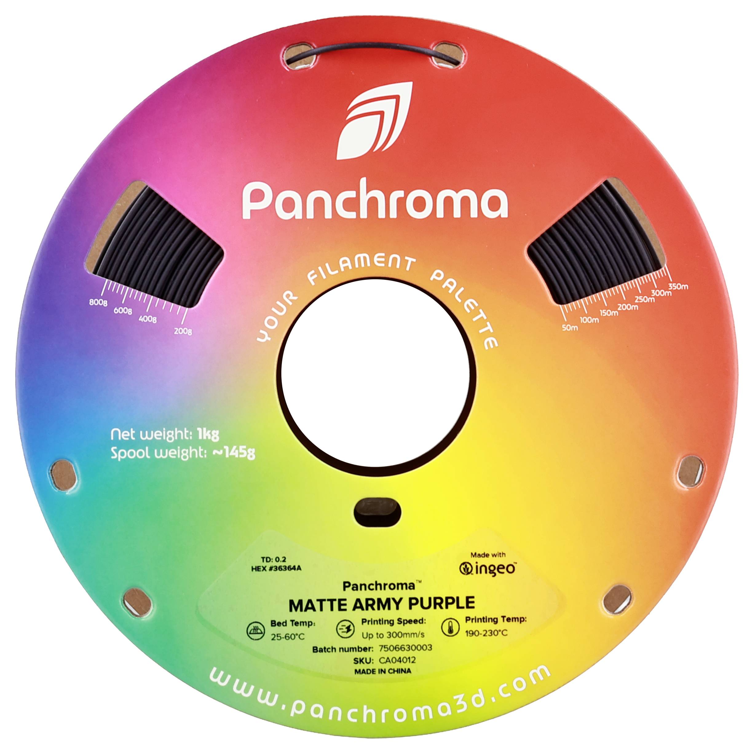 Eine runde Filamentspule mit Regenbogenfarbe zeigt die Marke 'Panchroma'. Gewicht: 1 kg. Farbe: Matte Army Purple. Temperatur: 250°C.