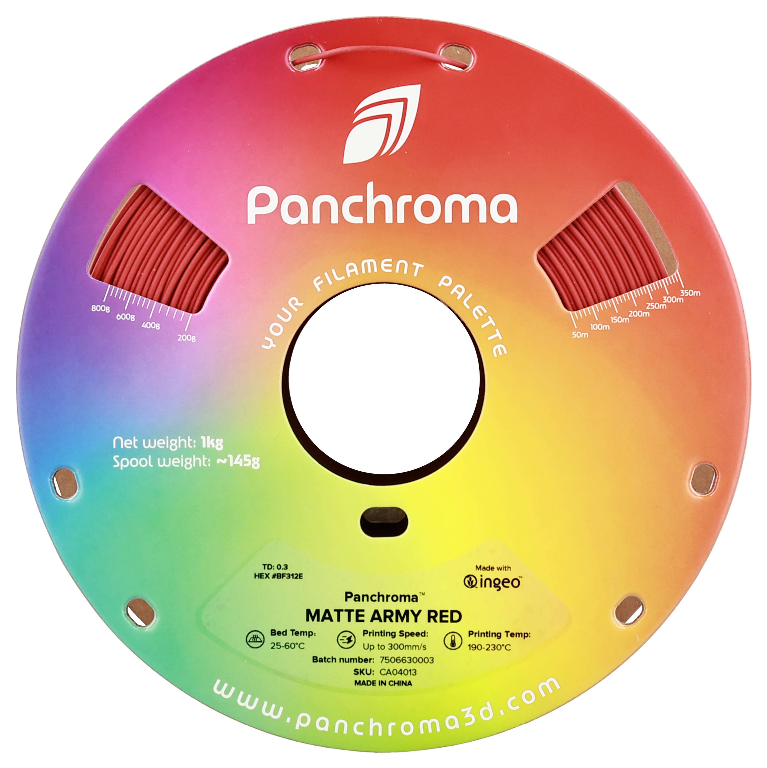 Kreisförmige PLA-Filamentspule in 'Matte Army Red' von Panchroma, 1 kg, mit Farbverlauf und technischen Details aufgedruckt.