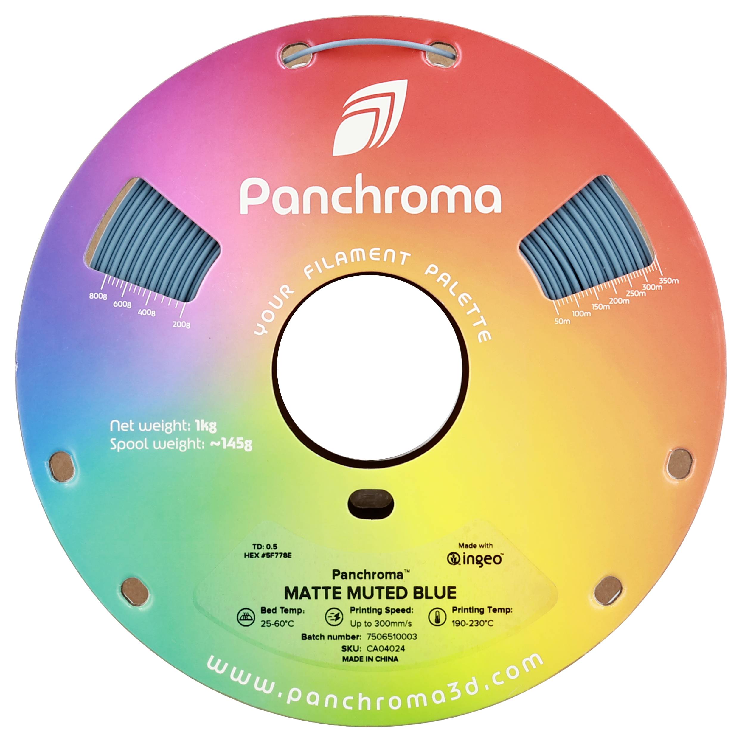 Eine bunte, runde Verpackung einer Filamentrolle für 3D-Drucker mit der Aufschrift 'Panchroma' und Spezifikationen zum Filament.