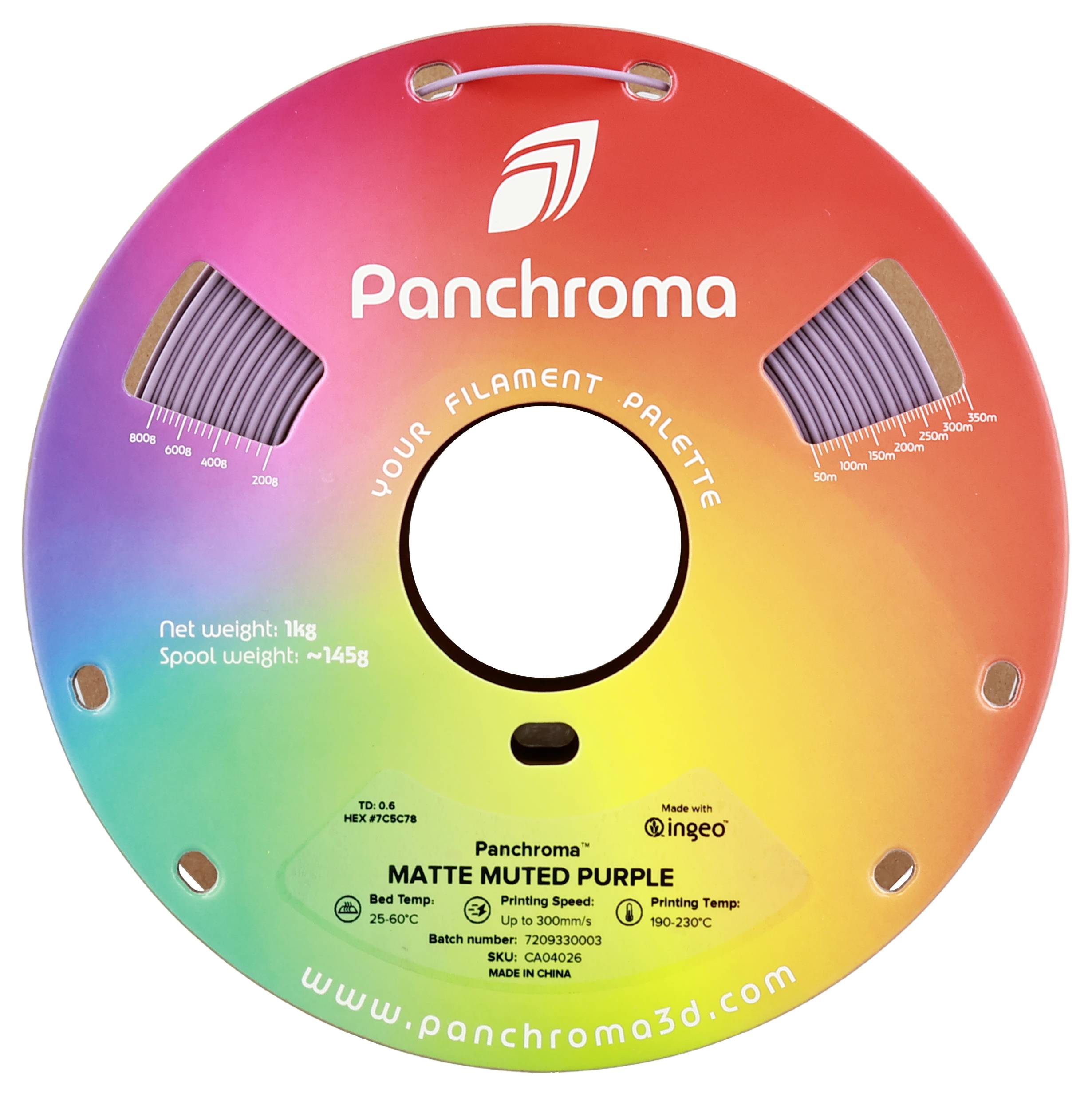 Eine bunte Filamentspule mit dem Text: 'Panchroma, Ihre Filament-Palette'. Details wie Gewicht und Drucktemperaturen sind angegeben.