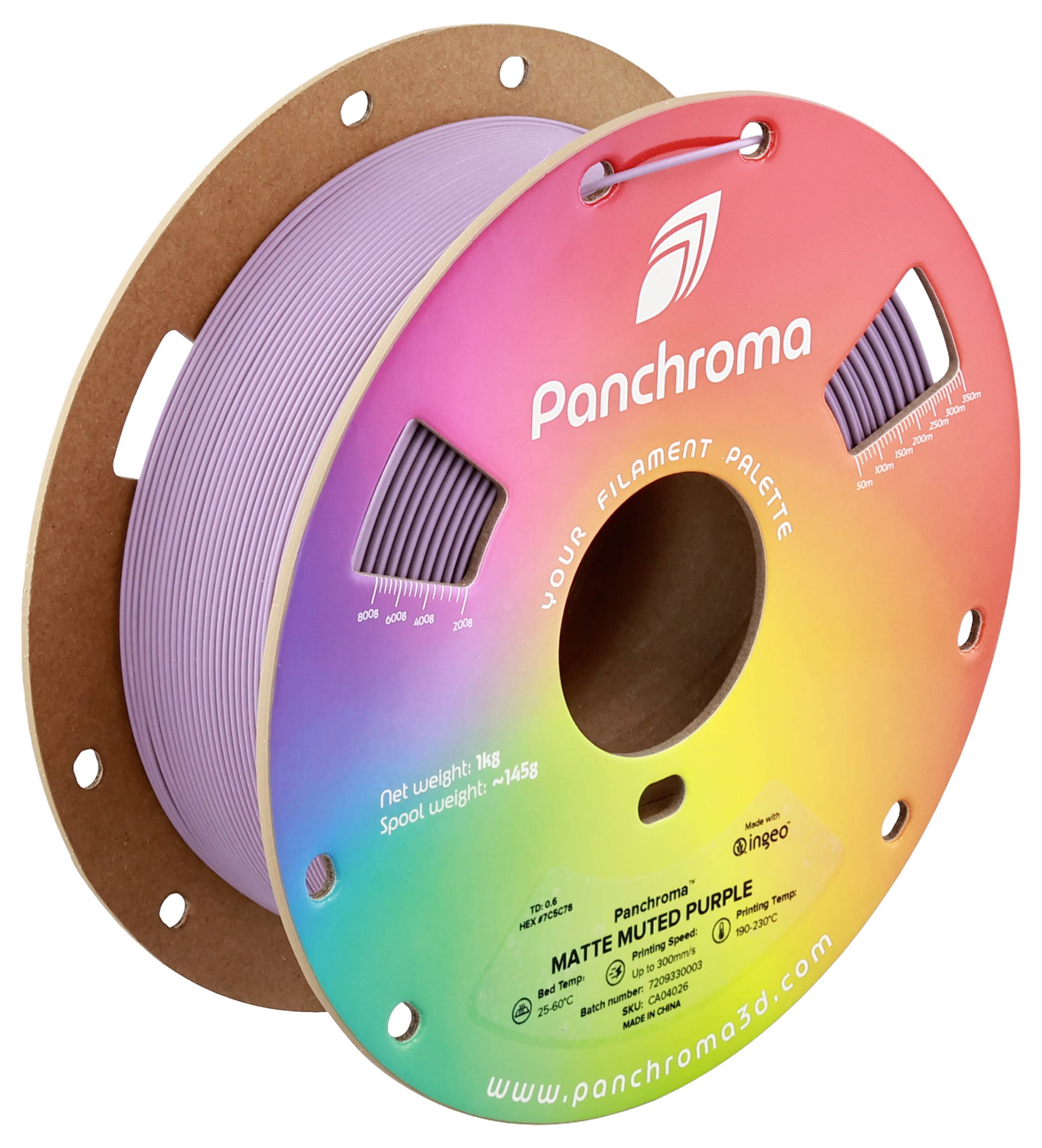 3D-Druckfilament auf Spule, Farbverlauf von Rot zu Violett auf Etikett, Markenname 'Panchroma', mattes lila Material.
