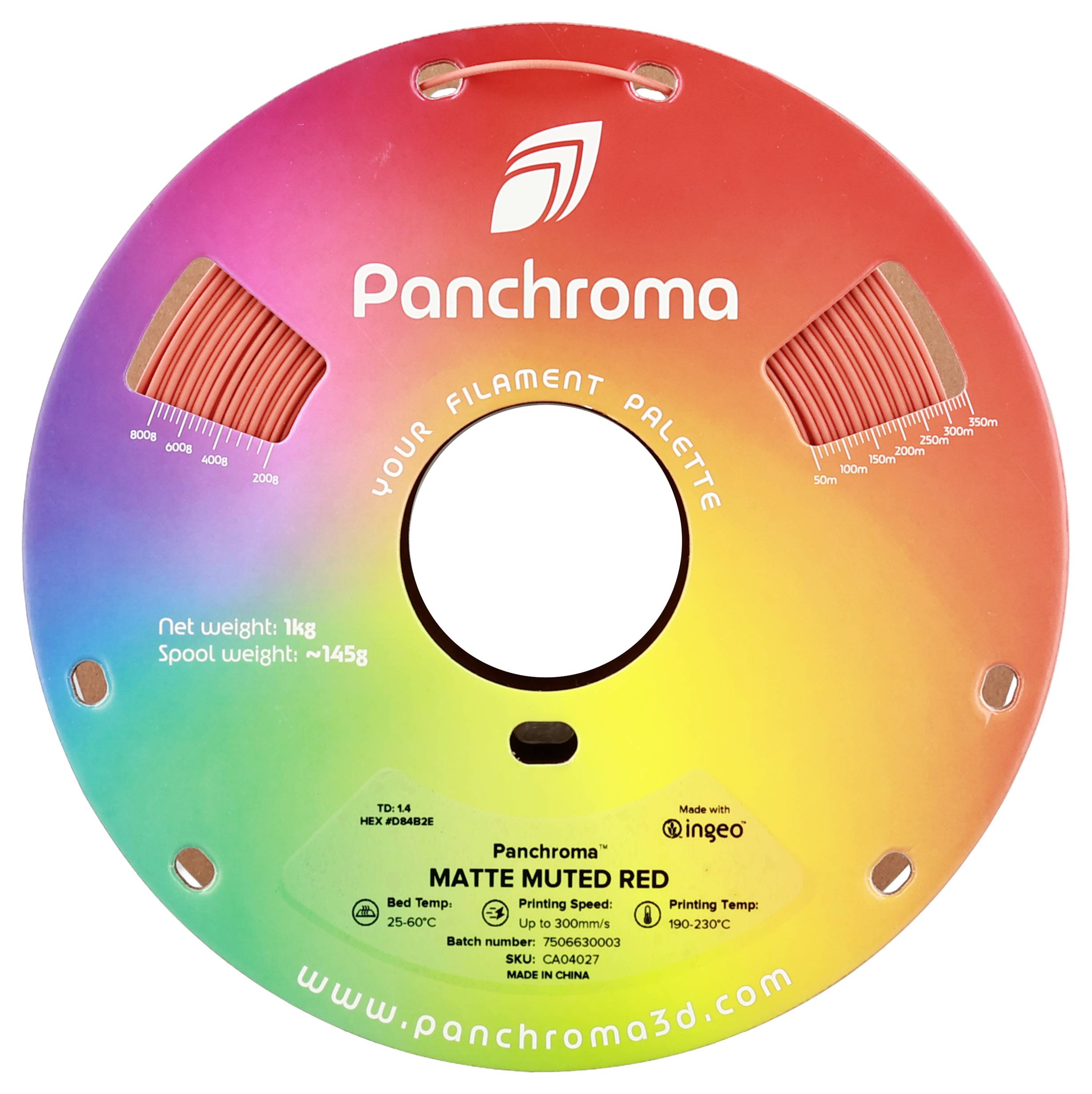 '3D-Druckerfilament, 'Panchroma', rote Farbe, 1kg Netto, 145g Spulengewicht, Drucktemperatur 190-230°C, Geschwindigkeit 40-100mm/s, PLA-Material.'