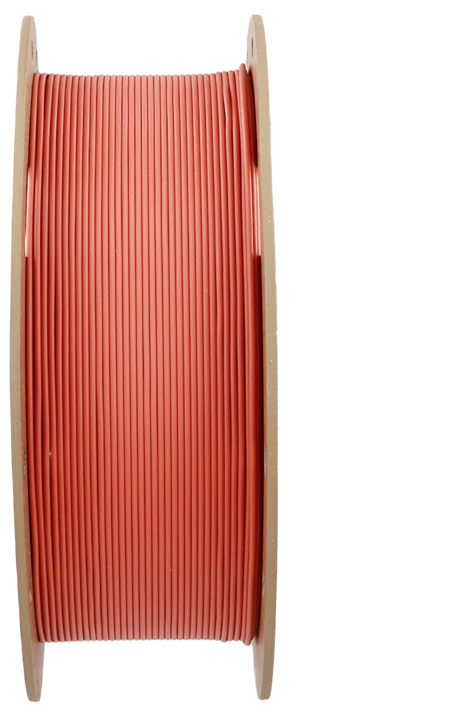 Eine Rolle mit rotem Kunststoffdraht, aufgerollt zwischen zwei runden Holzscheiben.