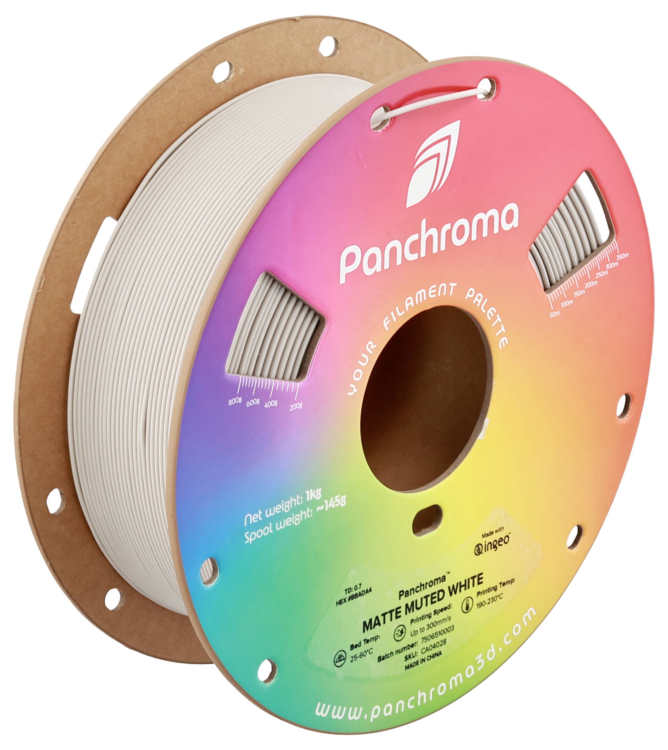 Rolle mit 3D-Druckerfilament in mattem Weiß. Verpackung zeigt einen Farbverlauf von Rot zu Grün. Marke 'Panchroma'.