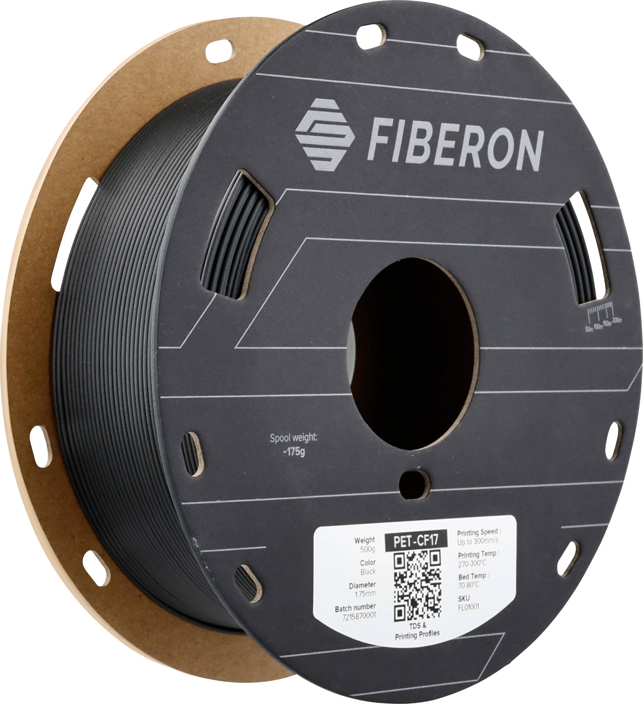 Eine schwarze Filamentspule der Marke 'Fiberon' zur Verwendung in 3D-Druckern, zeigt Gewicht, QR-Code und technische Spezifikationen.