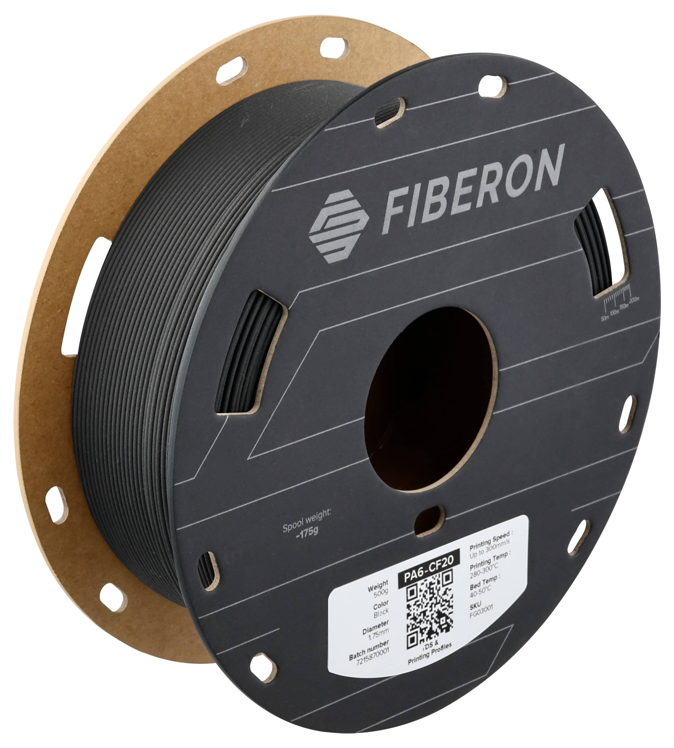 Schwarze Faserrolle von Fiberon mit Beschriftung und QR-Code auf der Vorderseite, geeignet für 3D-Druck.