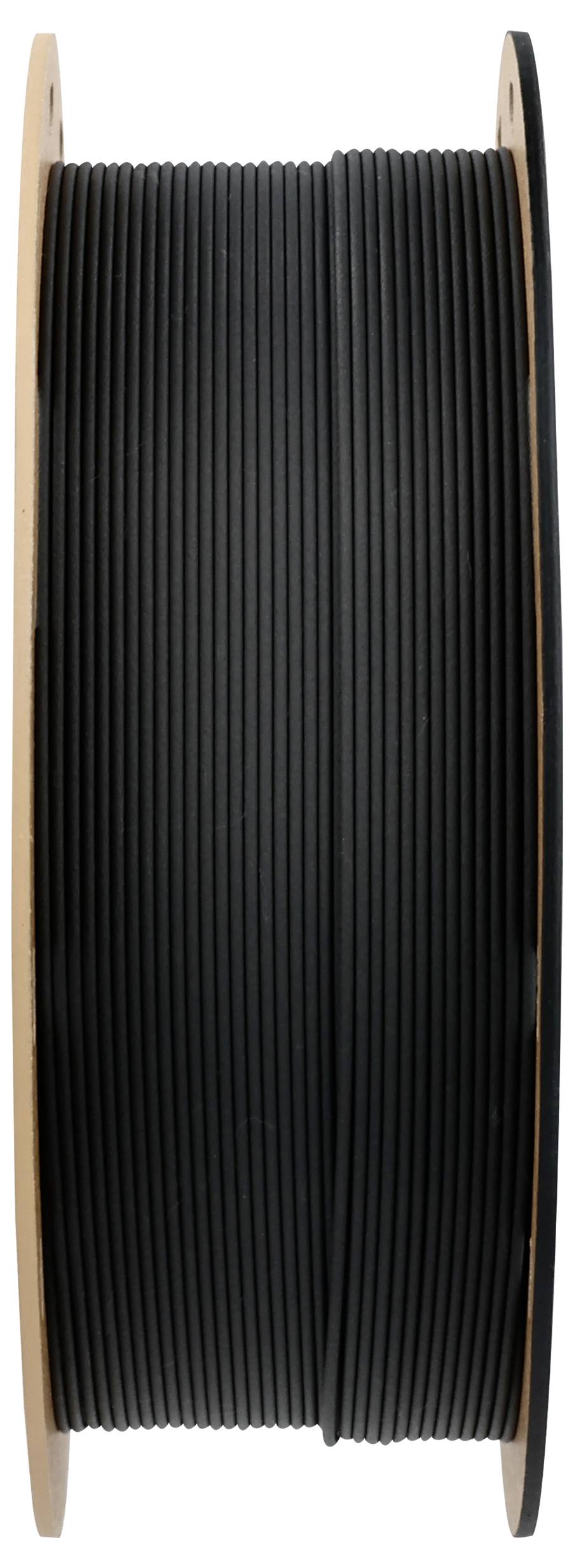 Eine Rolle schwarzes 3D-Druckerfilament.