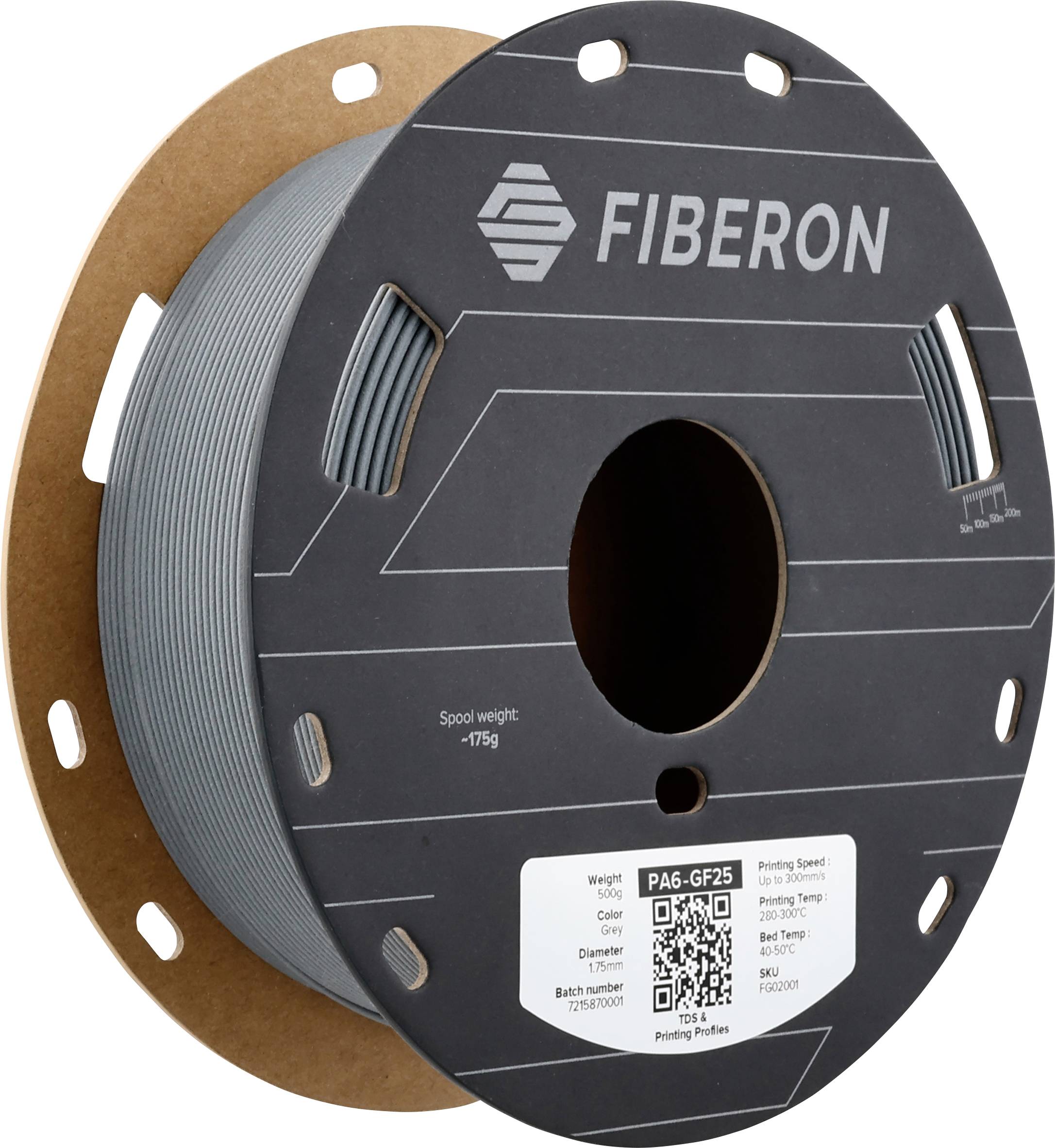 Faserrolle mit grauem Filament von 'FIBERON', geeignet für 3D-Drucker. Enthält technischen Informationen und QR-Code auf der Spule.