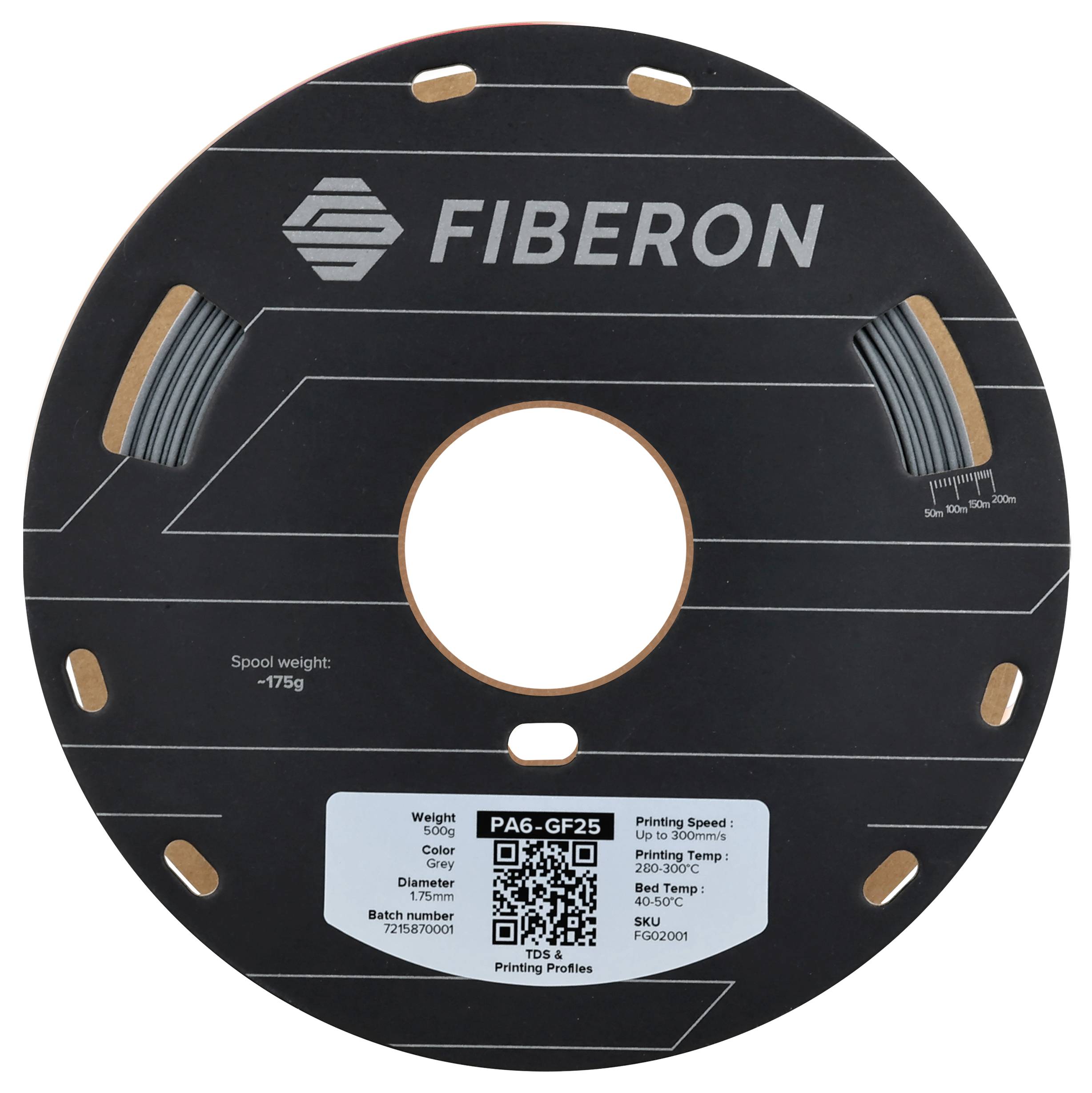 Eine schwarze Spule mit dem Logo 'FIBERON' und technischen Angaben wie Gewicht, Materialtyp (PA6-GF25), Druckgeschwindigkeit und QR-Code.