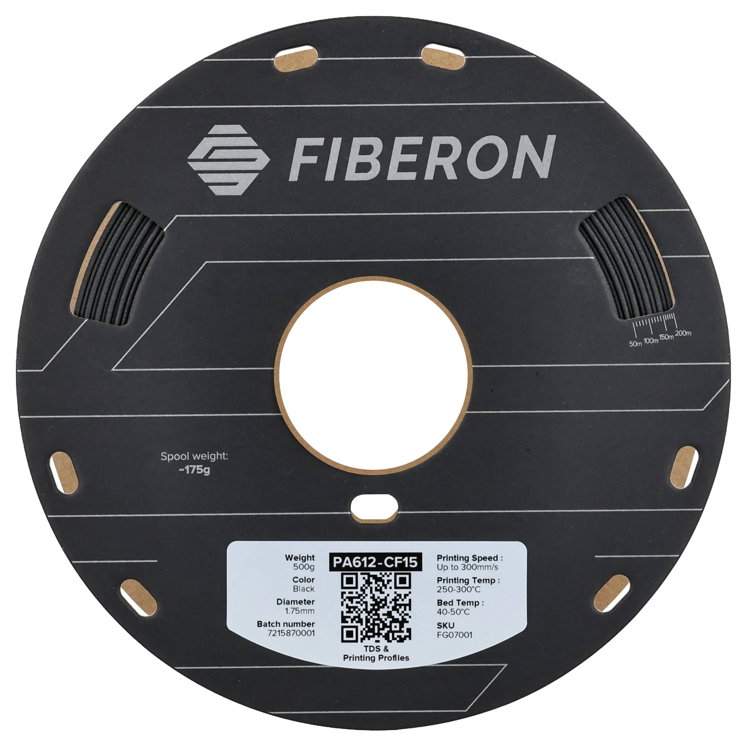 Filamentrolle von Fiberon mit QR-Code, Gewicht: 100g, Farbe: Schwarz, Material: PA612-CF15, Temperatur: 270-300°C, Geschwindigkeit: 15-100 mm/s.