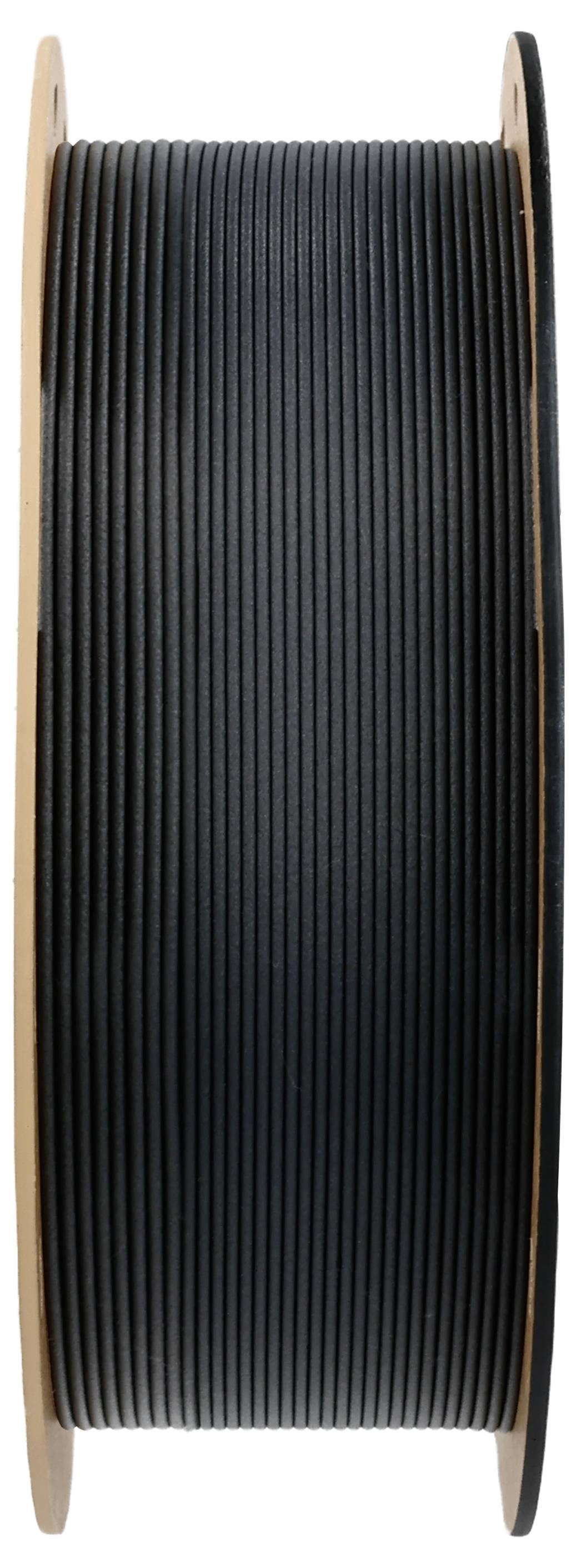 Eine schwarze Filamentspule für 3D-Drucker, eng aufgerollt und auf einer braunen Rolle montiert.