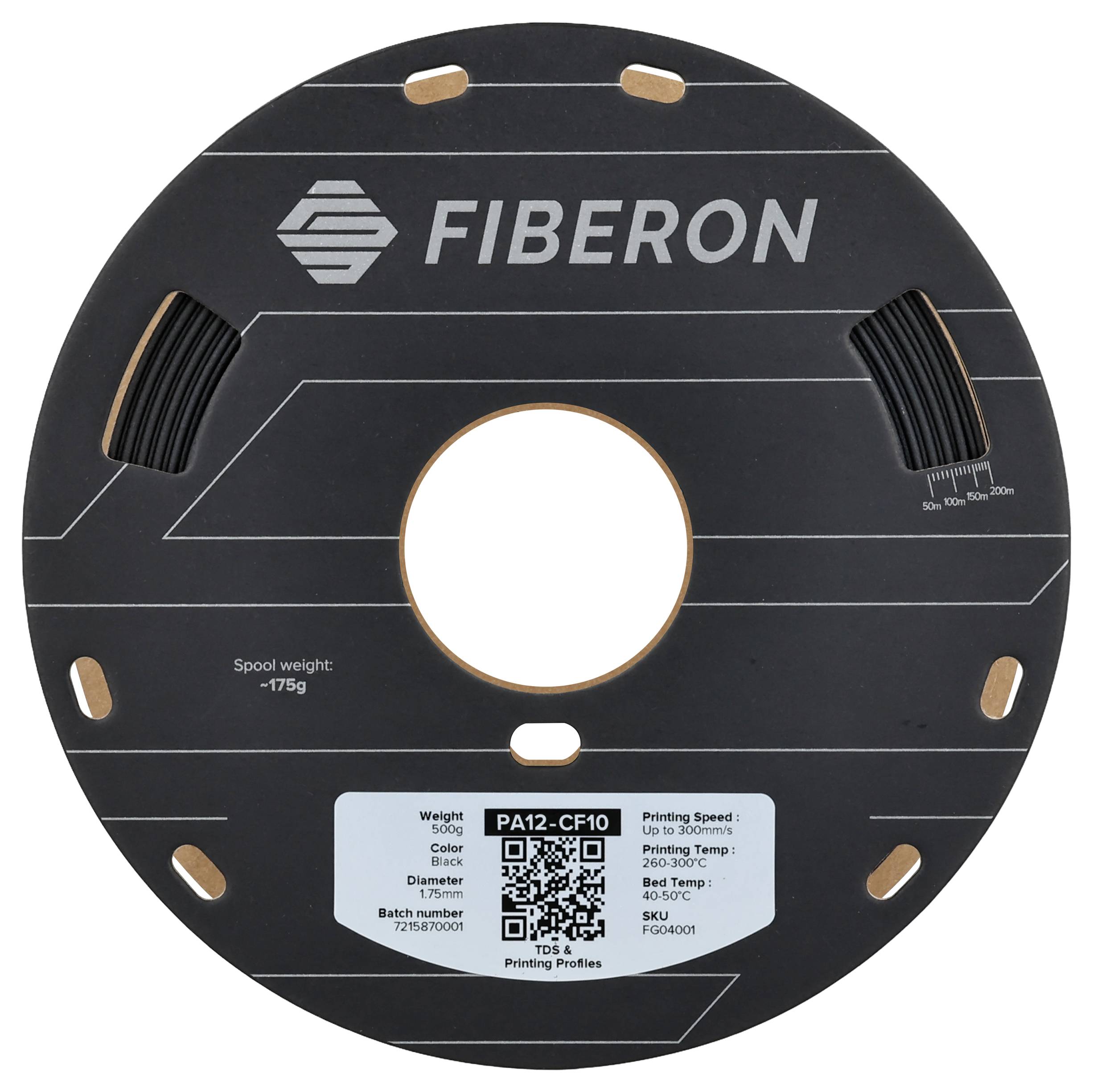 'Fiberon’ 3D-Drucker-Spule, Gewicht ~175g, Farbe schwarz. Material: PA12-CF10. Features: Temperaturbereich, QR-Code, Produktname.