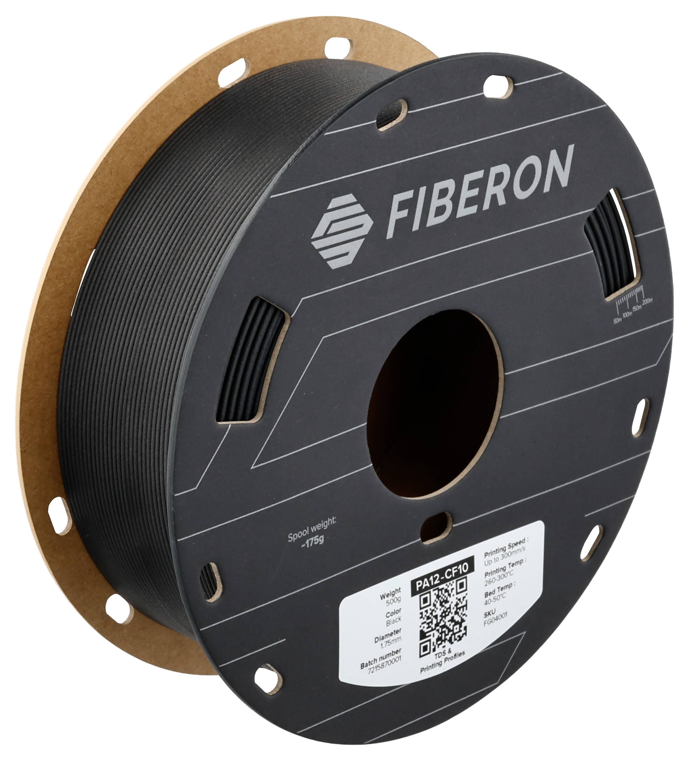 Eine Spule mit schwarzem Filament der Marke 'FIBERON' mit QR-Code-Etikett und Angabe des Gewichts als 1750g.