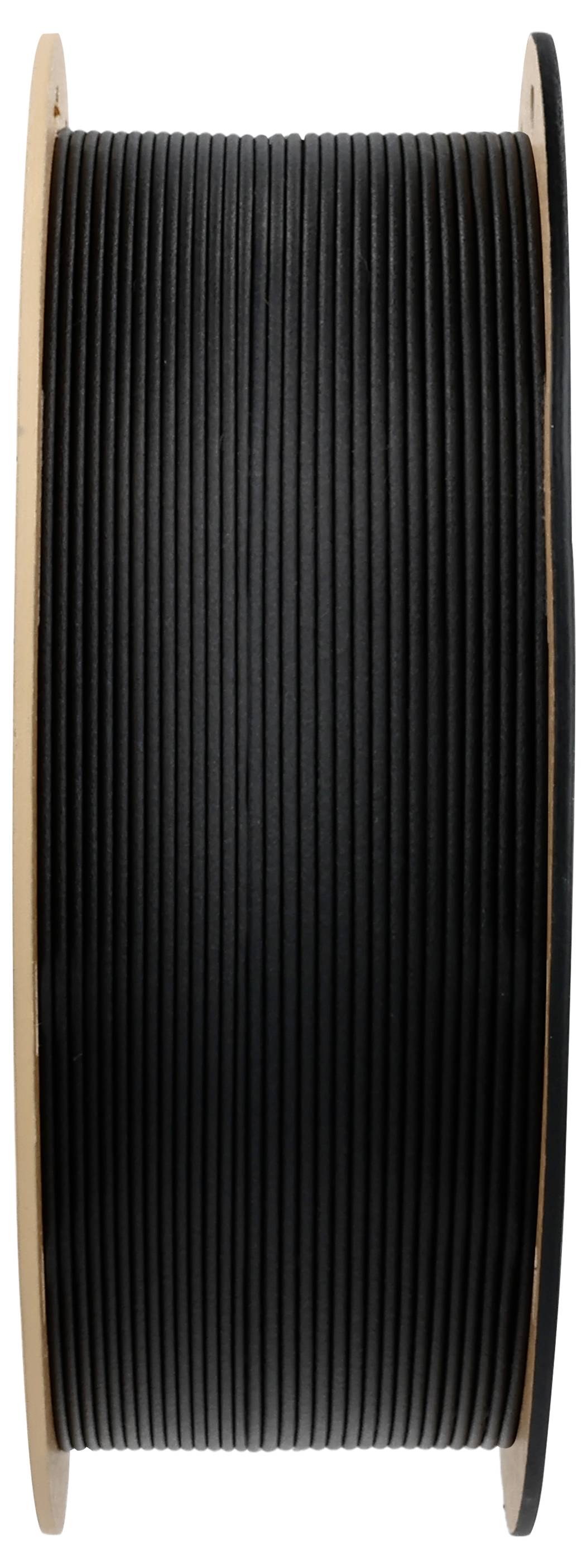 Schwarze 3D-Drucker-Filamentrolle aus PLA, auf einer Spule gewickelt, seitliche Ansicht. Geeignet für 3D-Druckprojekte.