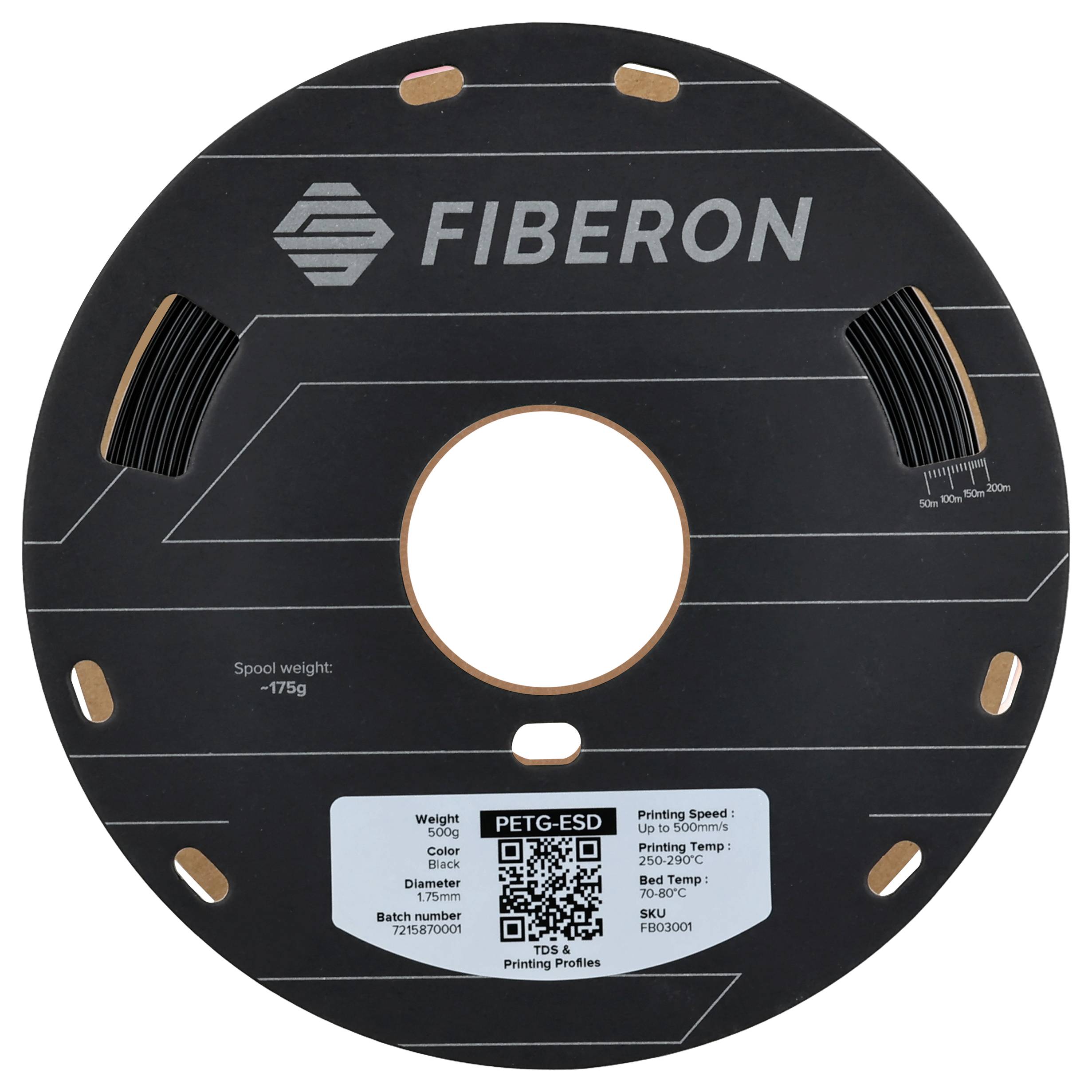 Eine schwarze Spule mit PETG-ESD-Filament von 'FIBERON'. Aufkleber zeigt Gewicht, Farbe, Durchmesser, Drucktemperatur und Artikelnummer.