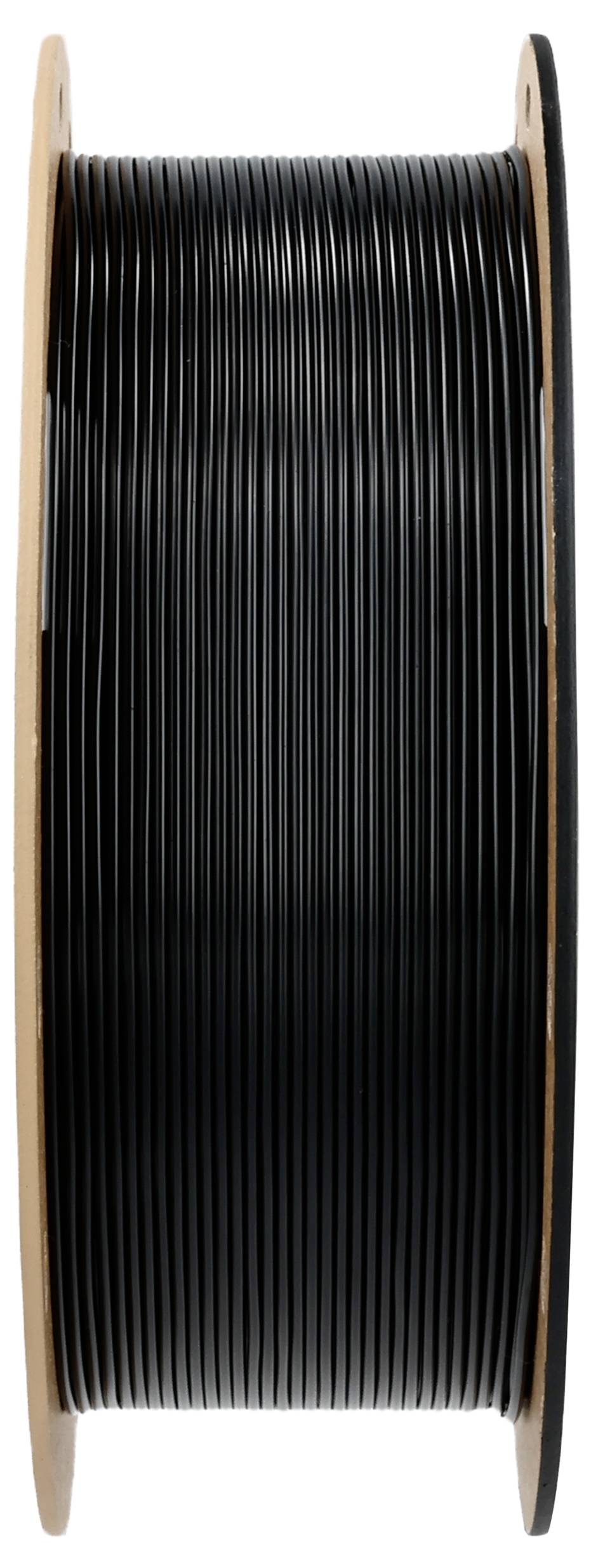 Schwarze Kunststoff-Filamentspule für 3D-Drucker, vertikal aufgestellt.