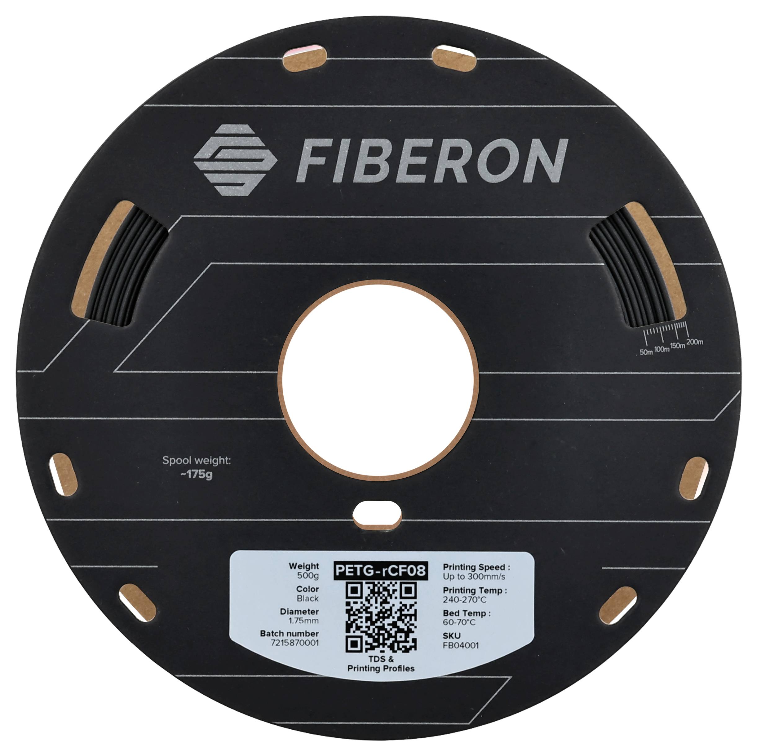 Schwarze Faserrolle mit 'FIBERON'-Logo. Etikett zeigt: Spulenmasse, Gewicht, Farbe, Durchmesser, QR-Code, SKU, Chargennummer.