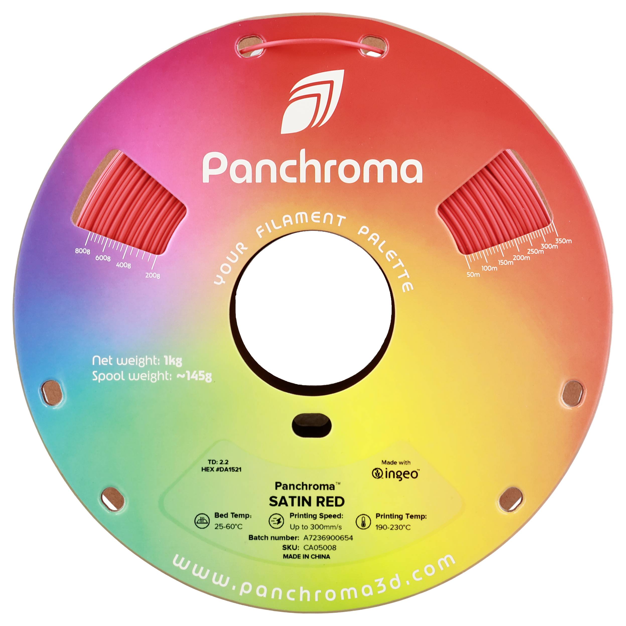 Panchroma Filamentspule in Regenbogenfarben, Aufschrift: Ihr Filament-Palette, Nettogewicht 1kg, Drucktemperatur 190-230°C.