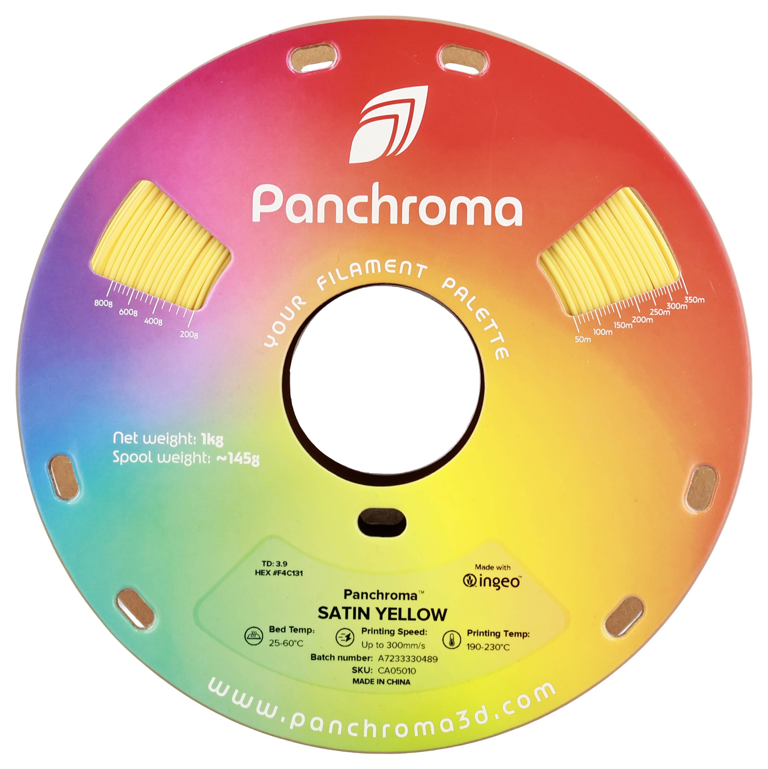 Eine Spule mit 3D-Druckfilament der Marke Panchroma in der Farbe 'Satin Yellow'. Nettogewicht: 1 kg, Restgewicht: 145 g.