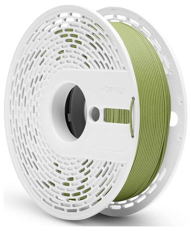 Spule mit grünem 3D-Druckfilament; Markenaufschrift 'Fiberlogy' sichtbar.