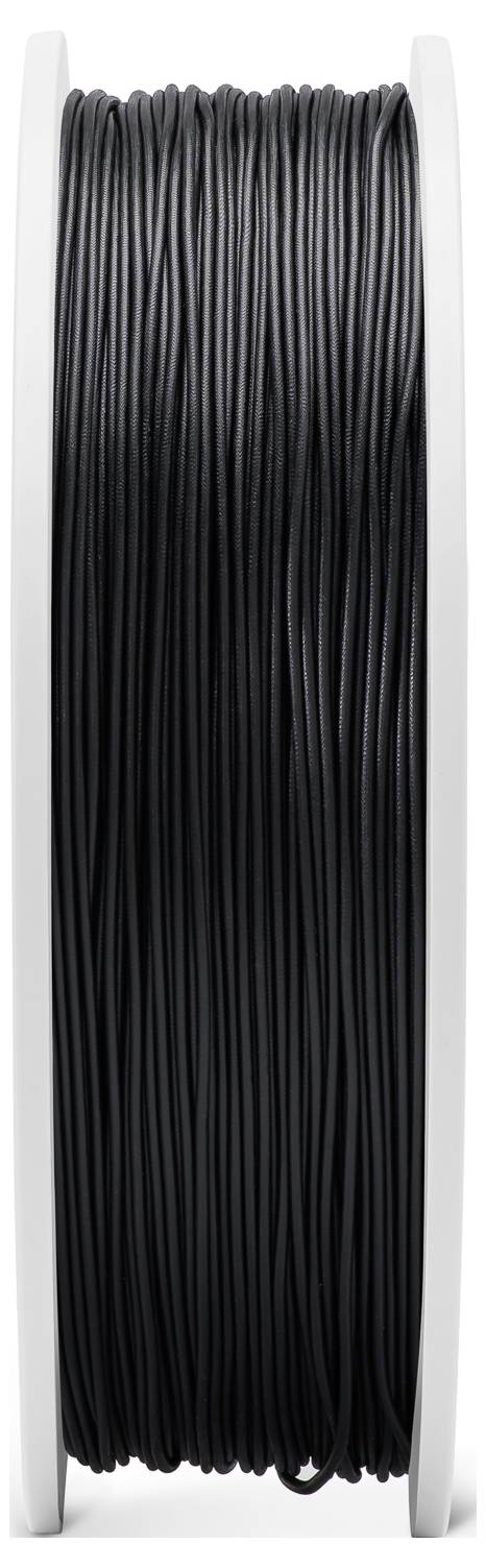 Schwarze PLA-Filamentrolle für 3D-Druck auf weißem Spulenträger.