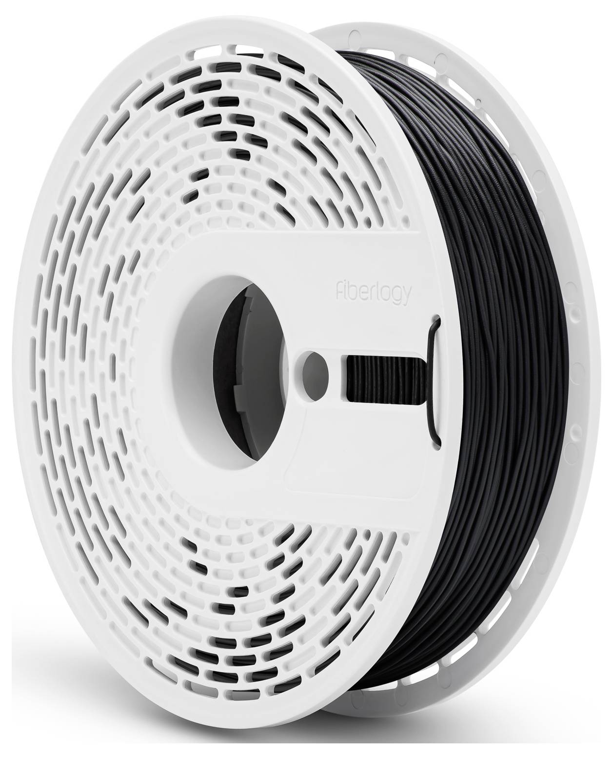 Eine weiße Spule mit schwarzem 3D-Druckfilament von Fiberlogy.