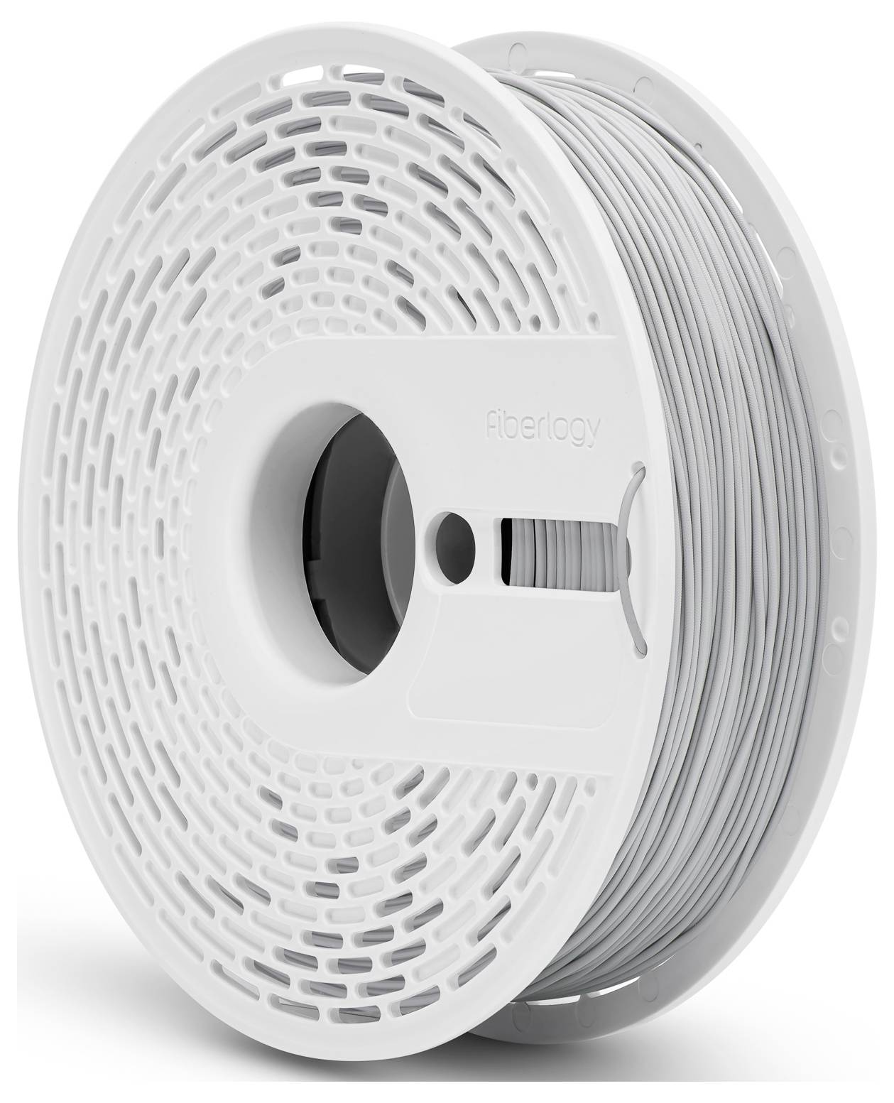 Eine Rolle graues 3D-Druckerfilament aus Polymerkunststoff mit der Aufschrift 'fiberlogy'.