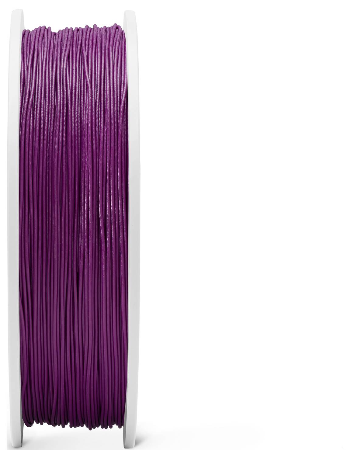 Lila Filamentrolle für 3D-Drucker mit weißem Rand, vertikal stehend.
