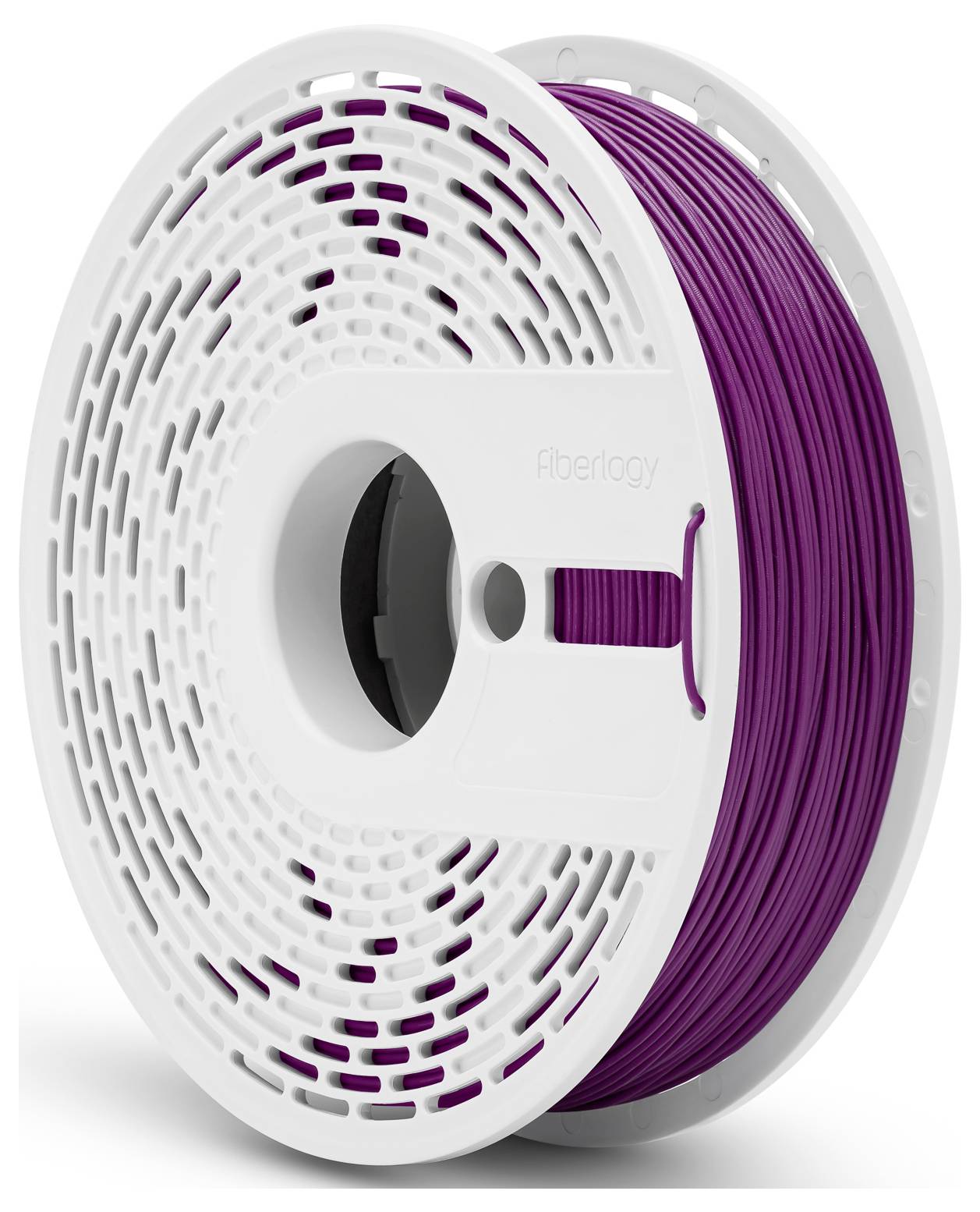 Eine Rolle violetter 3D-Drucker-Filament aus Kunststoff, seitlich abgebildet.
