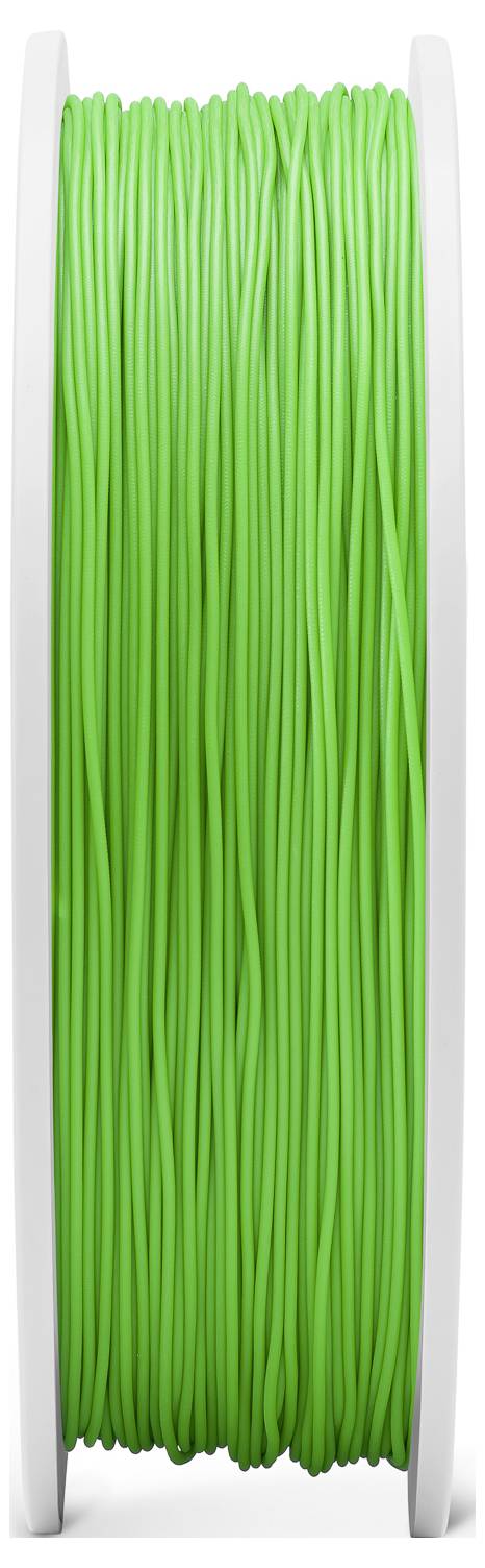 Eine grüne Spule mit Filament für 3D-Drucker, dicht gewickelt zwischen zwei weißen Rändern.