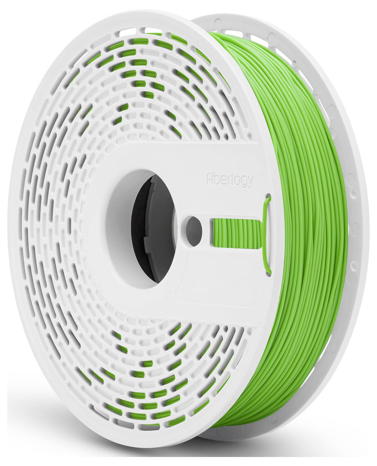 Grüne PLA-Filamentrolle für 3D-Drucker auf weißem Hintergrund.