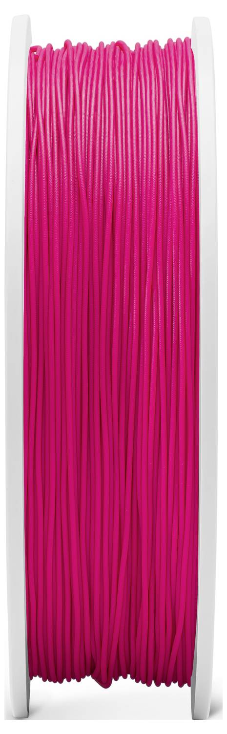 Eine Spule mit pinkem Filament, das für 3D-Drucker verwendet wird. Die Spule hat weiße Seiten und ist eng gewickelt.