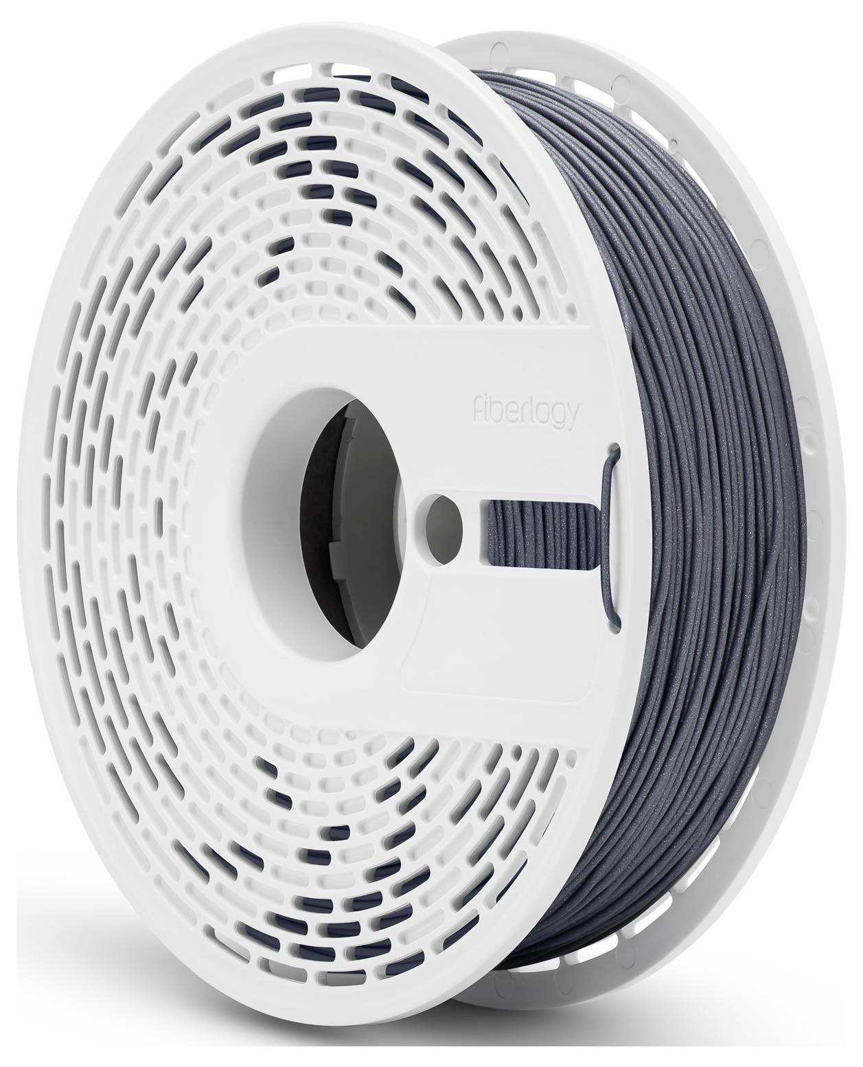 Eine weiße Spule mit dunkelgrauem 3D-Drucker-Filament, auf der das Wort 'fiberlogy' zu sehen ist.