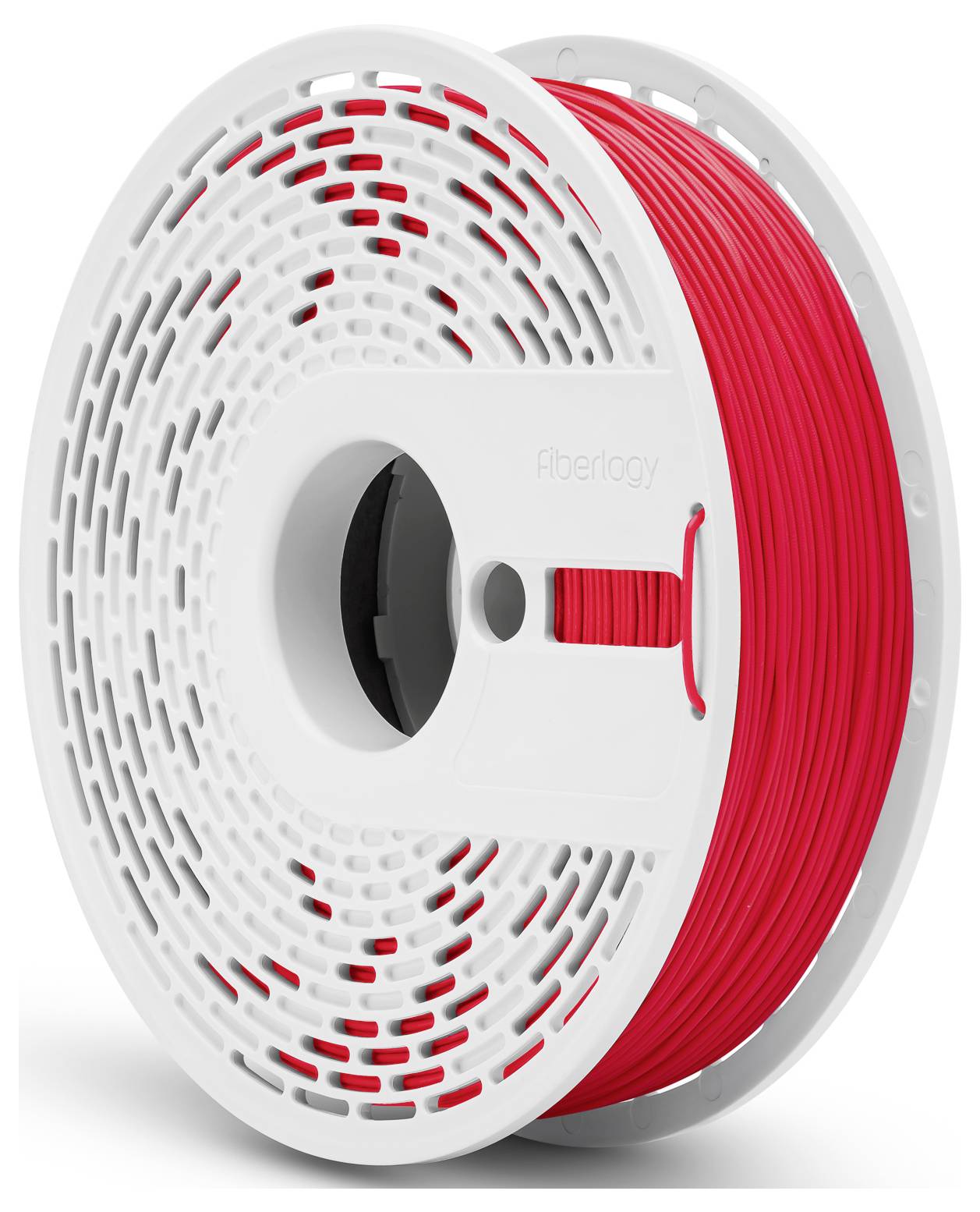 Eine weiße Spule mit rotem 3D-Druckerfilament von Fiberlogy.