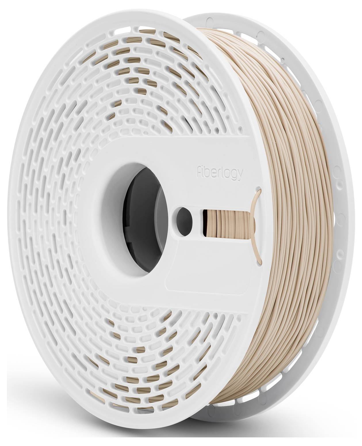 Eine Rolle mit hautfarbenem 3D-Druckfilament der Marke Fiberlogy, auf einer weißen Spule aufgewickelt.