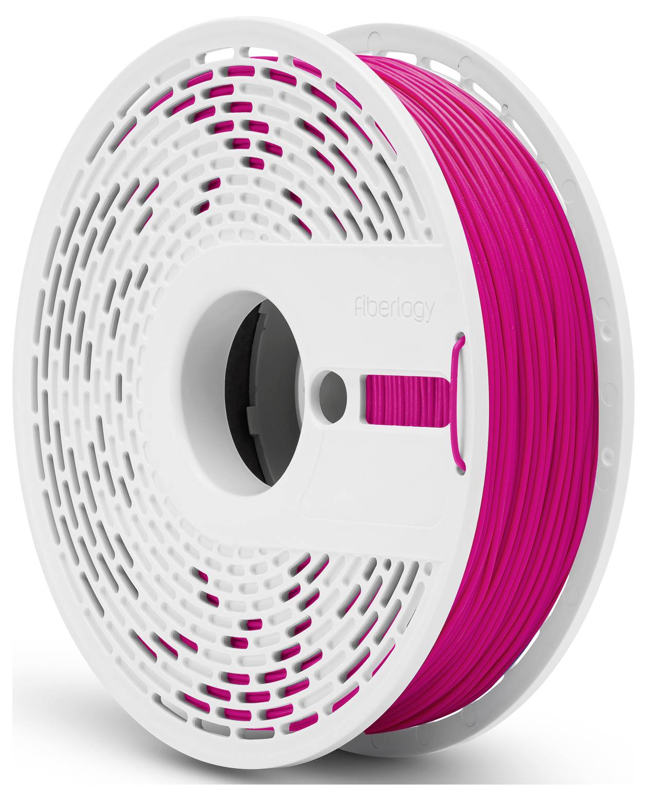 Eine weiße Spule mit pinkem 3D-Druckerfilament.