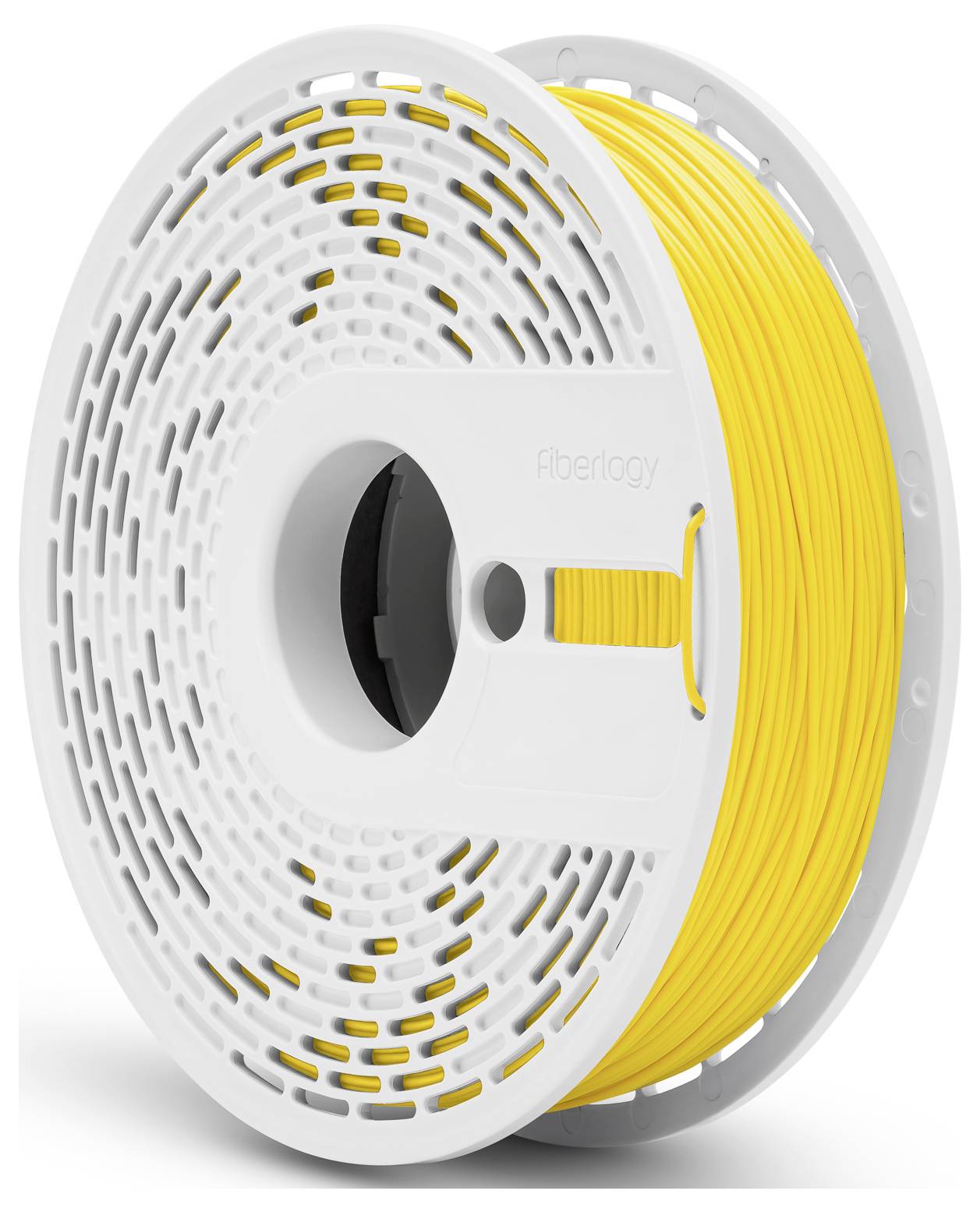 Gelbes 3D-Druckerfilament auf weißer Spule von Fiberlogy, geeignet für den Gebrauch in verschiedenen 3D-Druckern.
