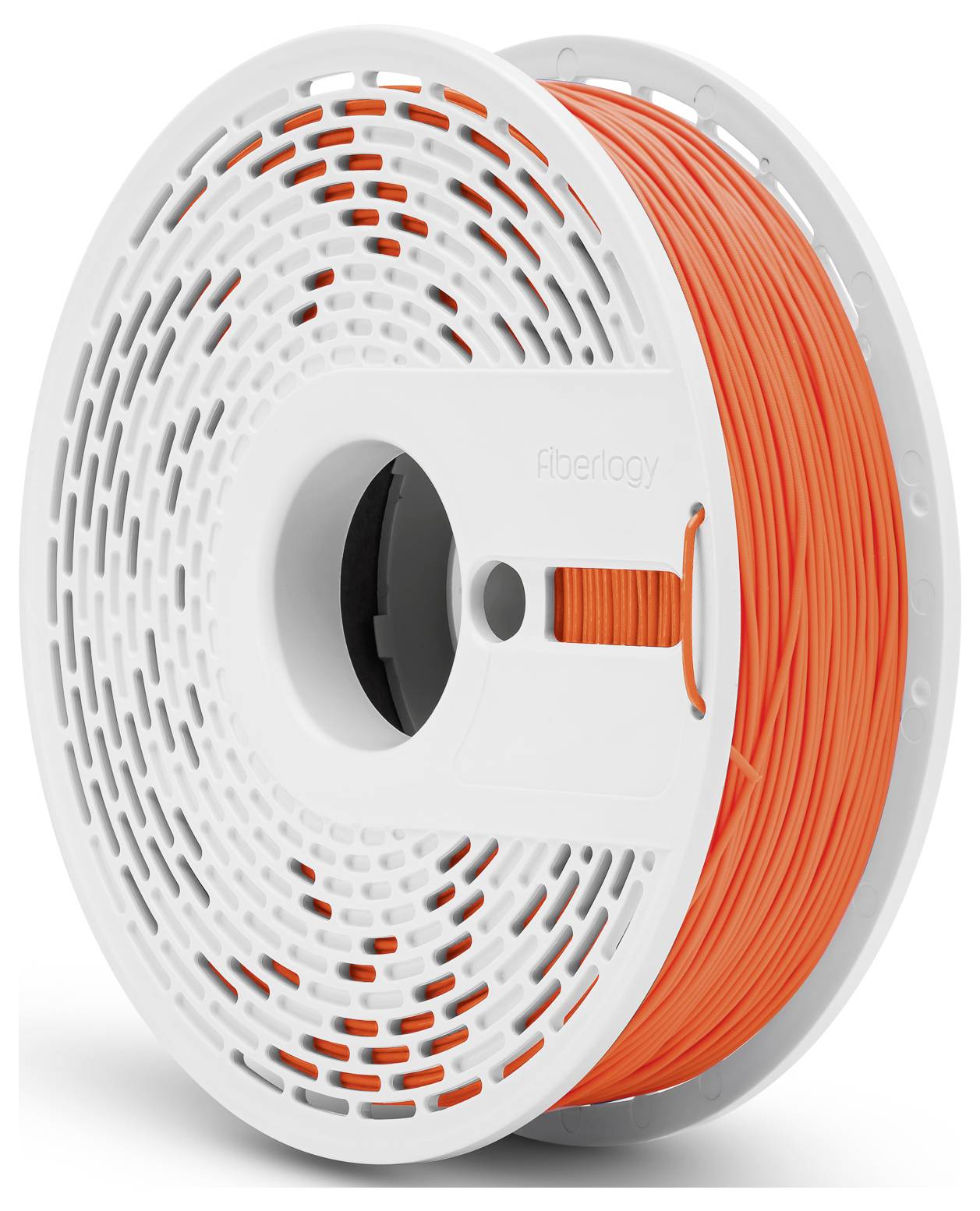 Eine weiße Spule mit leuchtend orangefarbenem 3D-Drucker-Filament, markiert mit 'fiberlogy'.