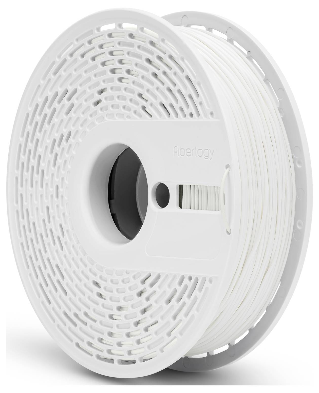 Weiße 3D-Drucker-Filamentrolle aus Kunststoff, mit seitlichen Löchern für einfaches Abwickeln. Geeignet für verschiedene 3D-Drucker.